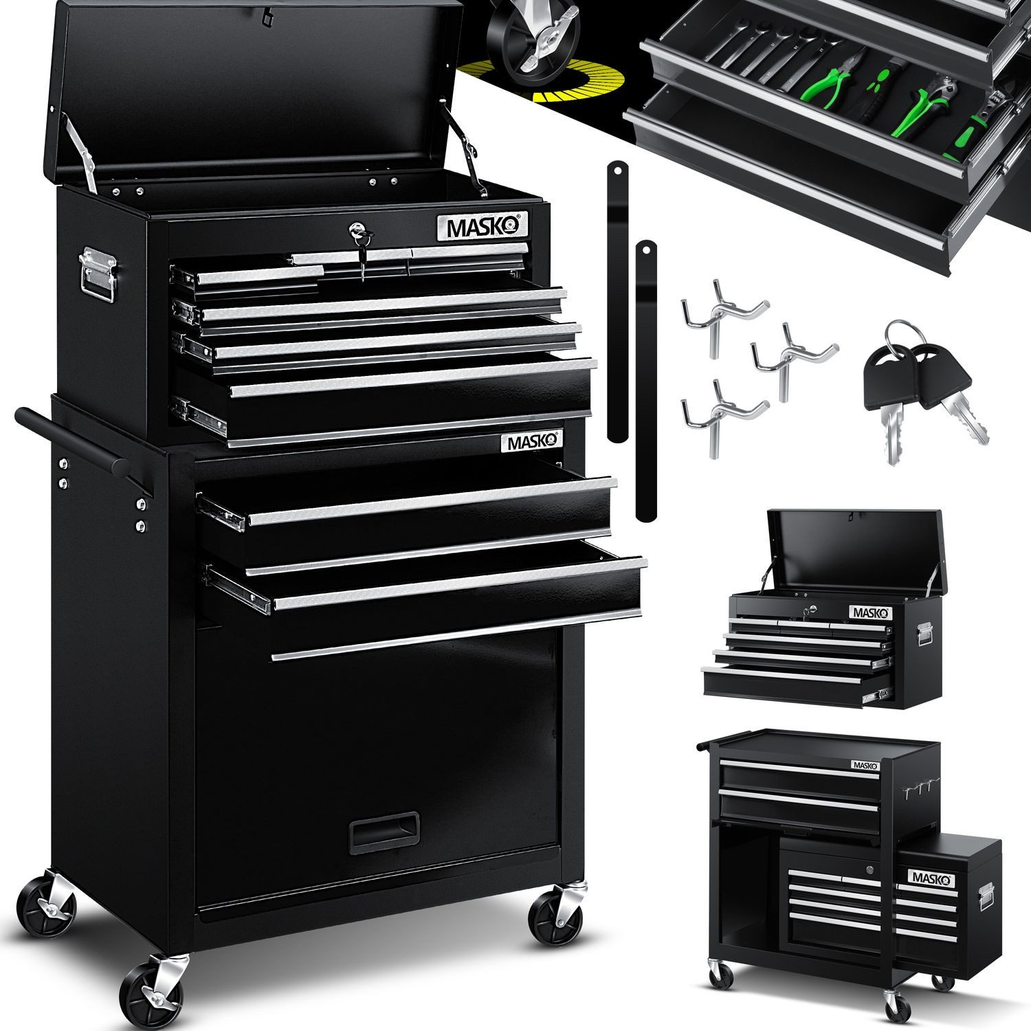 MASKO Werkstattwagen, schwarz, Werkzeugwagen inklusive Koffer 9 Fächer Absc günstig online kaufen