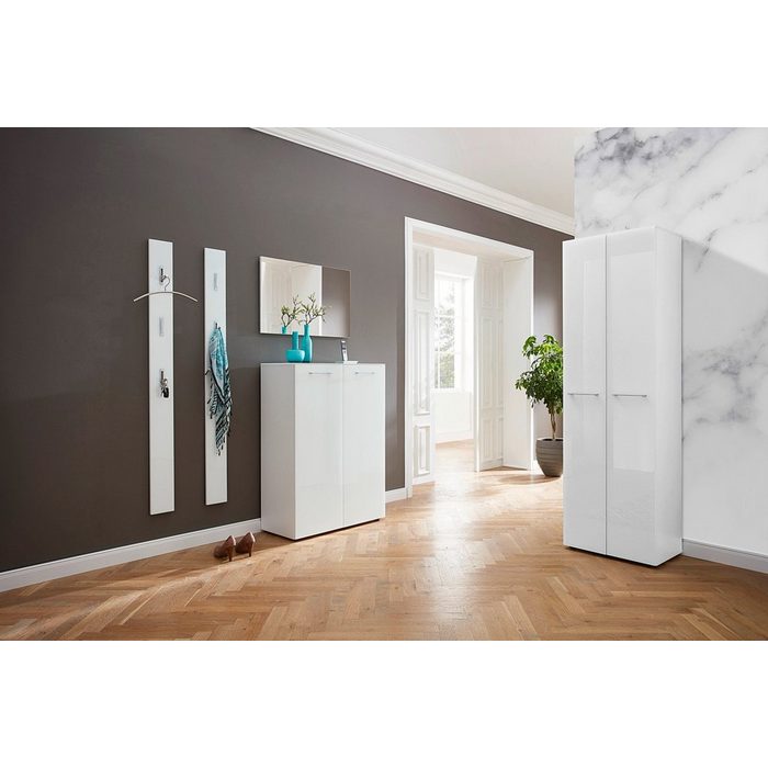 moebel-dich-auf Garderoben-Set SEVILLA (2x Garderobenpaneele + Garderobenspiegel + Schuhschrank + Garderobenschrank Set 7) in weiß mit Glasfronten