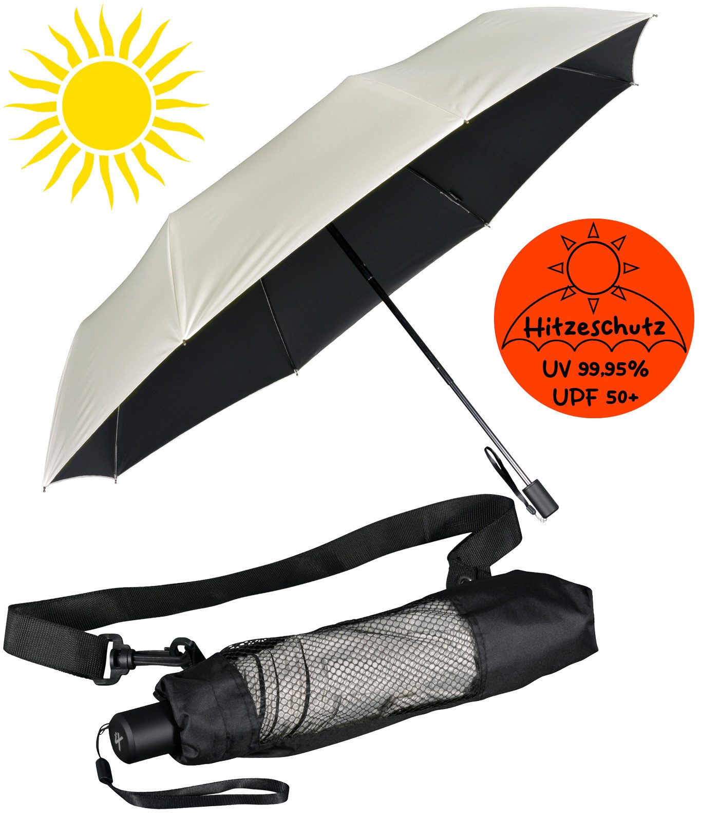 iX-brella Trekkingschirm XL Sonnen-Regenschirm mit UPF 50+, UV-Hitze-Schutz, mit Umhängetasche, mit Handöffner, innen schwarz
