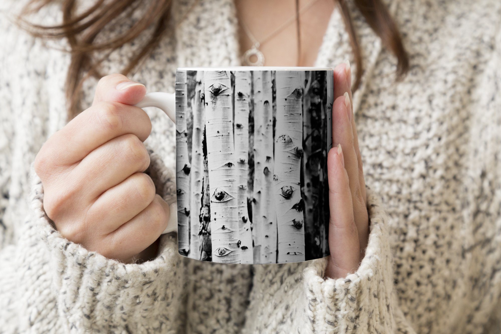 Holz Teetasse, Geschenk Natur, Bäume - und - - Becher, Schwarz Teetasse, weiß MuchoWow Tasse Kaffeetassen, Keramik,