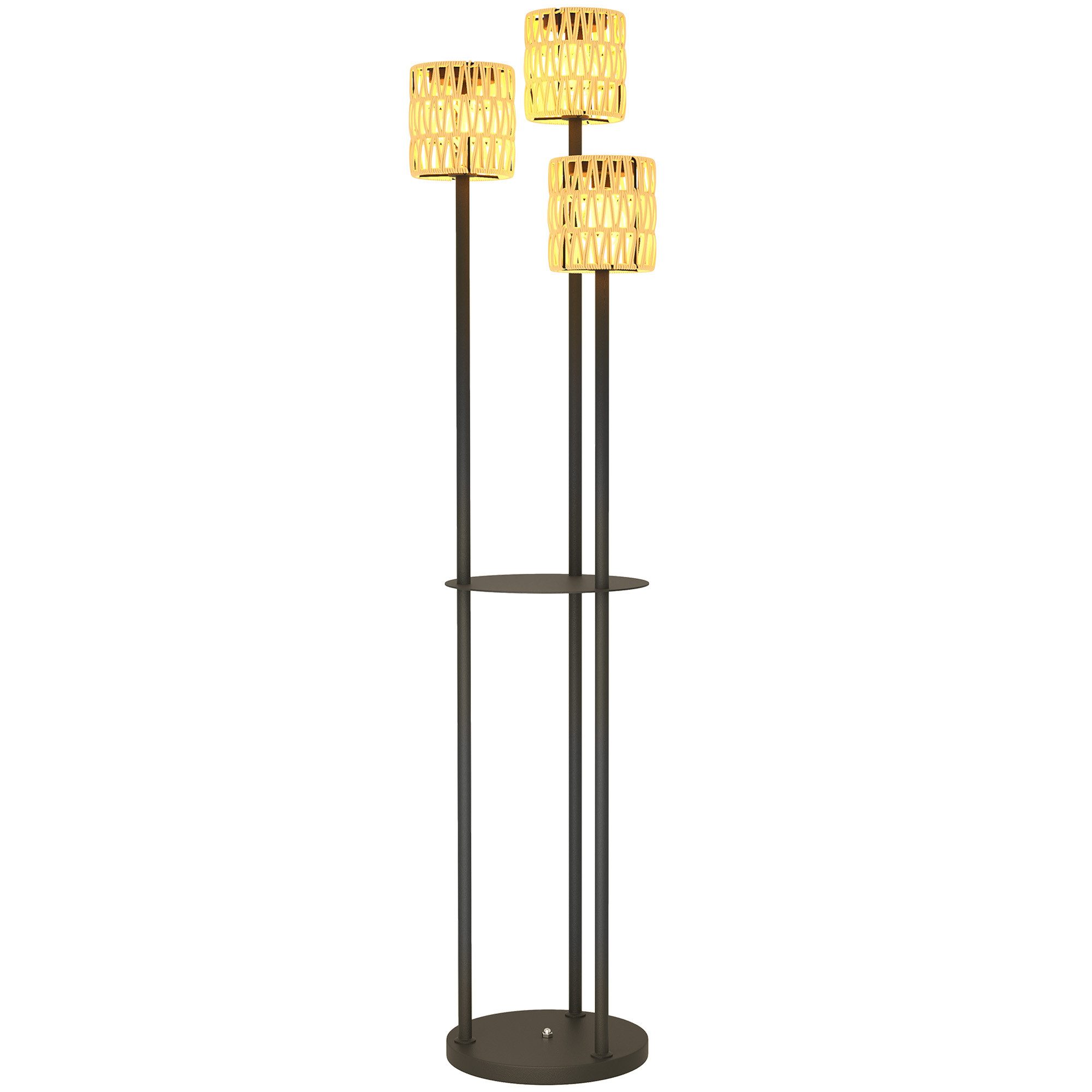 Blossom LED Stehlampe Solar-Stehlampe Rattan mit Regal, 3 Lichtquellen, Lichtsensor und IP44, Solarleuchte im Boho-Stil für Garten, Terrasse Balkon, Ø37 × 144 cm