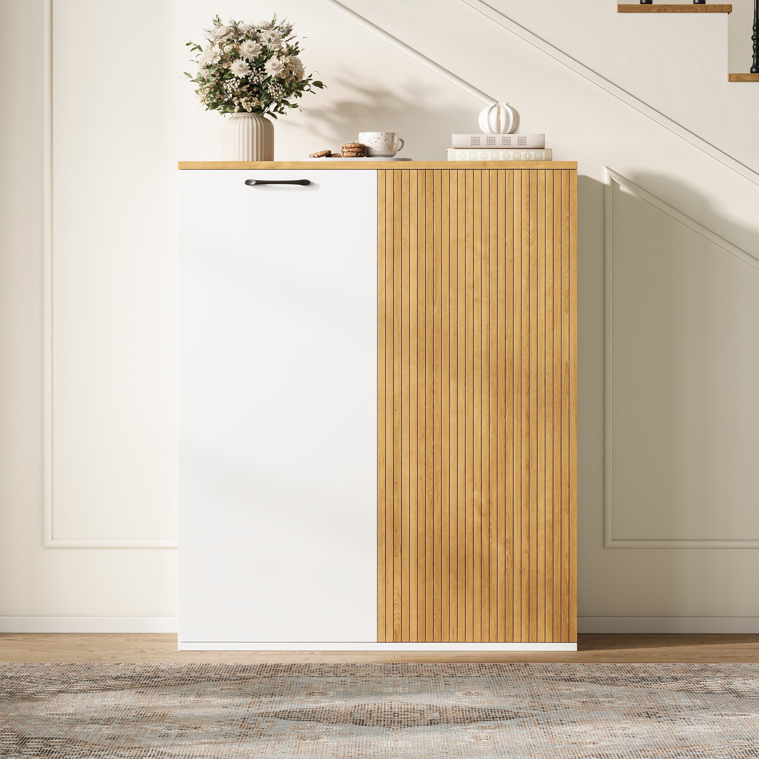Merax Sideboard Aktenschrank 80 × 40 × 110 cm, Highboard Büroschrank (1 St., Kommode Stauraumschrank), mit Lamellenfront und Soft-Close-Türen – Bild 4 von 5