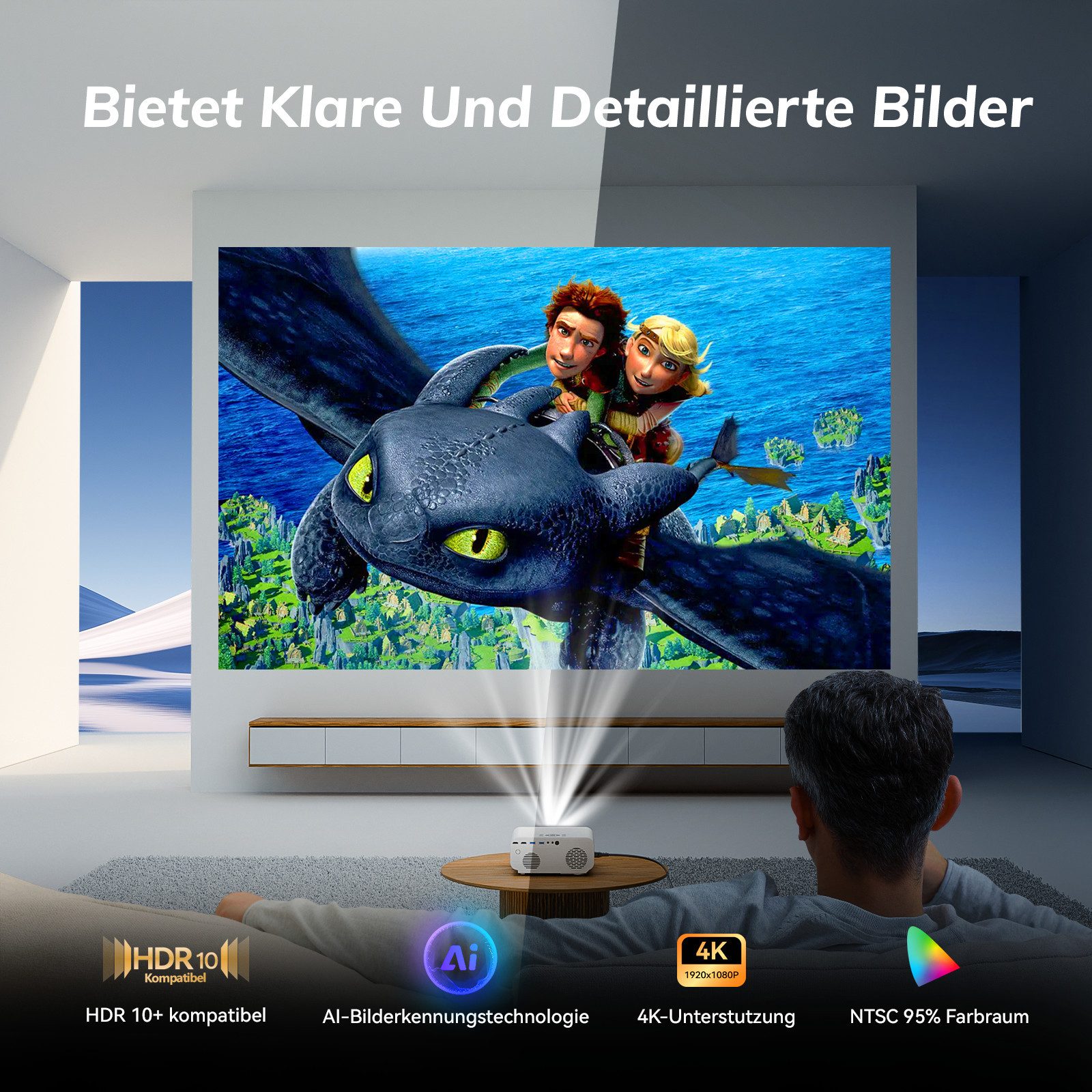 ZOOMCAT 2026 Neuer Smart Beamer 4K Heimkino mit Offiziell Netflix (Autofokus) Beamer (3840x2160 px, 700 ANSI,Auto Fokus, Auto Trapezkorrektur, Auto Hindernisvermeidung) weiß