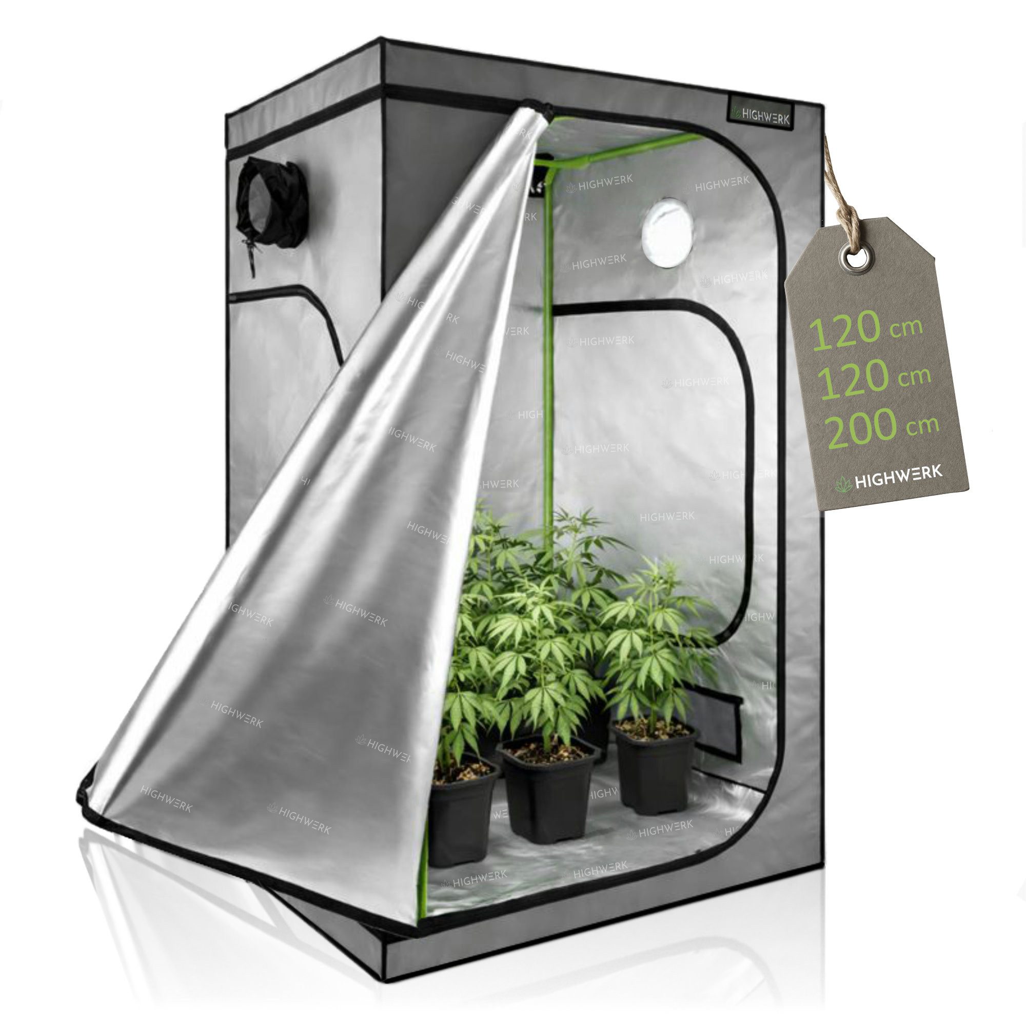 HIGHWERK Gewächshaus Grow Tent 120 x 120 x 200 cm grau/schwarz Pflanzenzucht Indoor