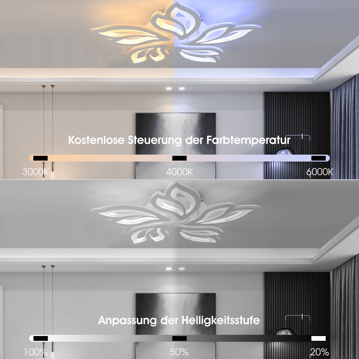 oyajia Deckenleuchte LED Deckenlampe in Fernbedienung, Flur Schlafzimmer Modern Dimmbar 30W mit integriert, Wohnzimmer Kaltweiß/Naturweiß/Warmweiß, fest 80W Deckenlampe LED Design, Licht / Blumenförmiges Deckenleuchten, 60W LED