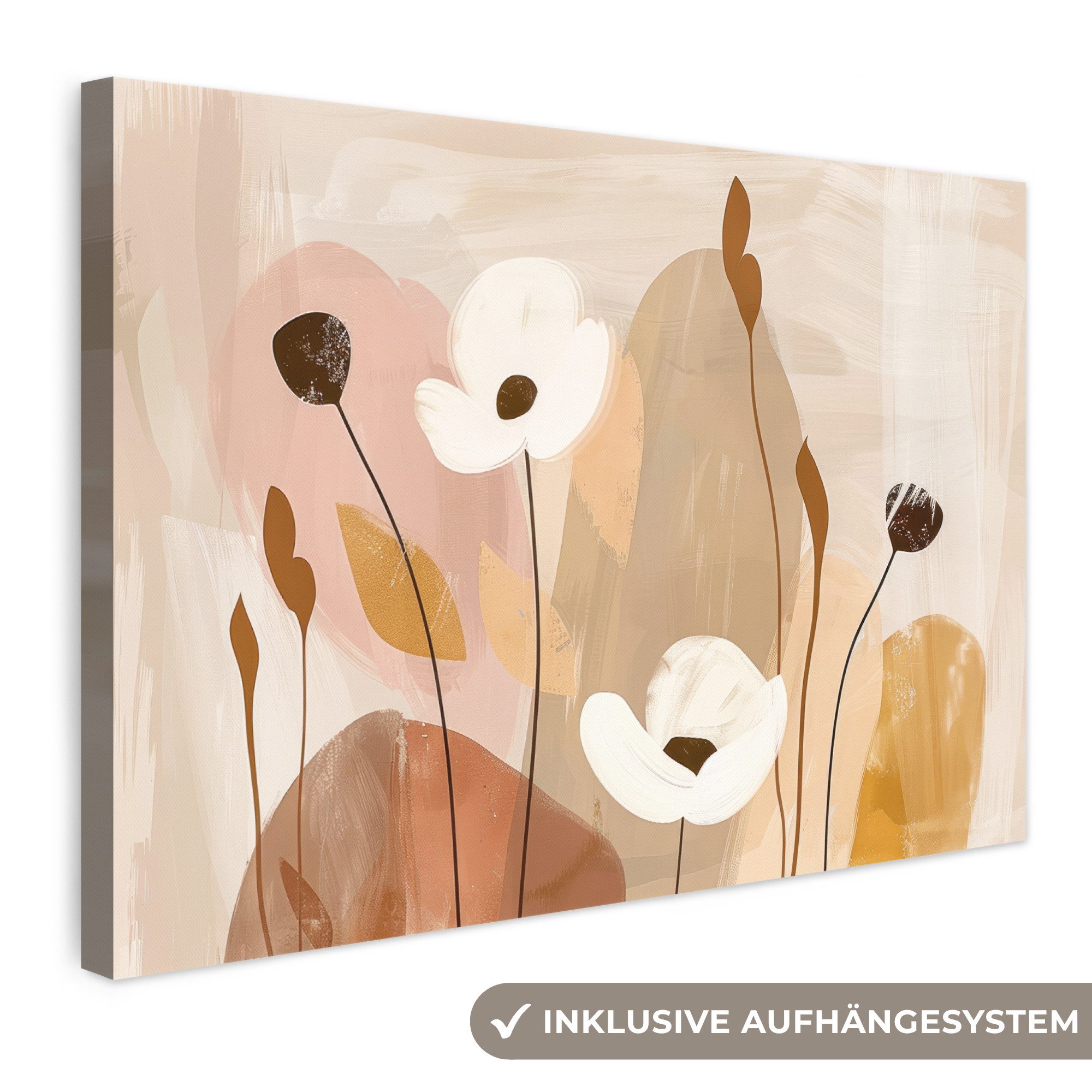 OneMillionCanvasses® Leinwandbild Blumen - Abstrakt - Beige - Strichzeichnung, Fotodruck (1 St), Leinwand Bilder Klein, Wand Dekoration Aesthetic 30x20 cm