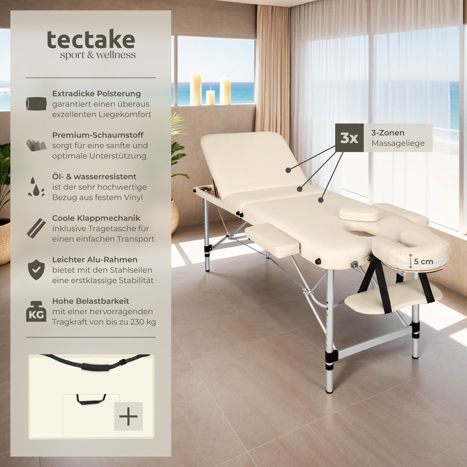 tectake Massageliege 3 Zonen Kosmetikliege mit 5cm Polsterung und Aluminiumgestell (Set, 1-St., mit Tragetasche), klappbar und höhenverstellbar, verstellbare Ablagen für Kopf und Arme