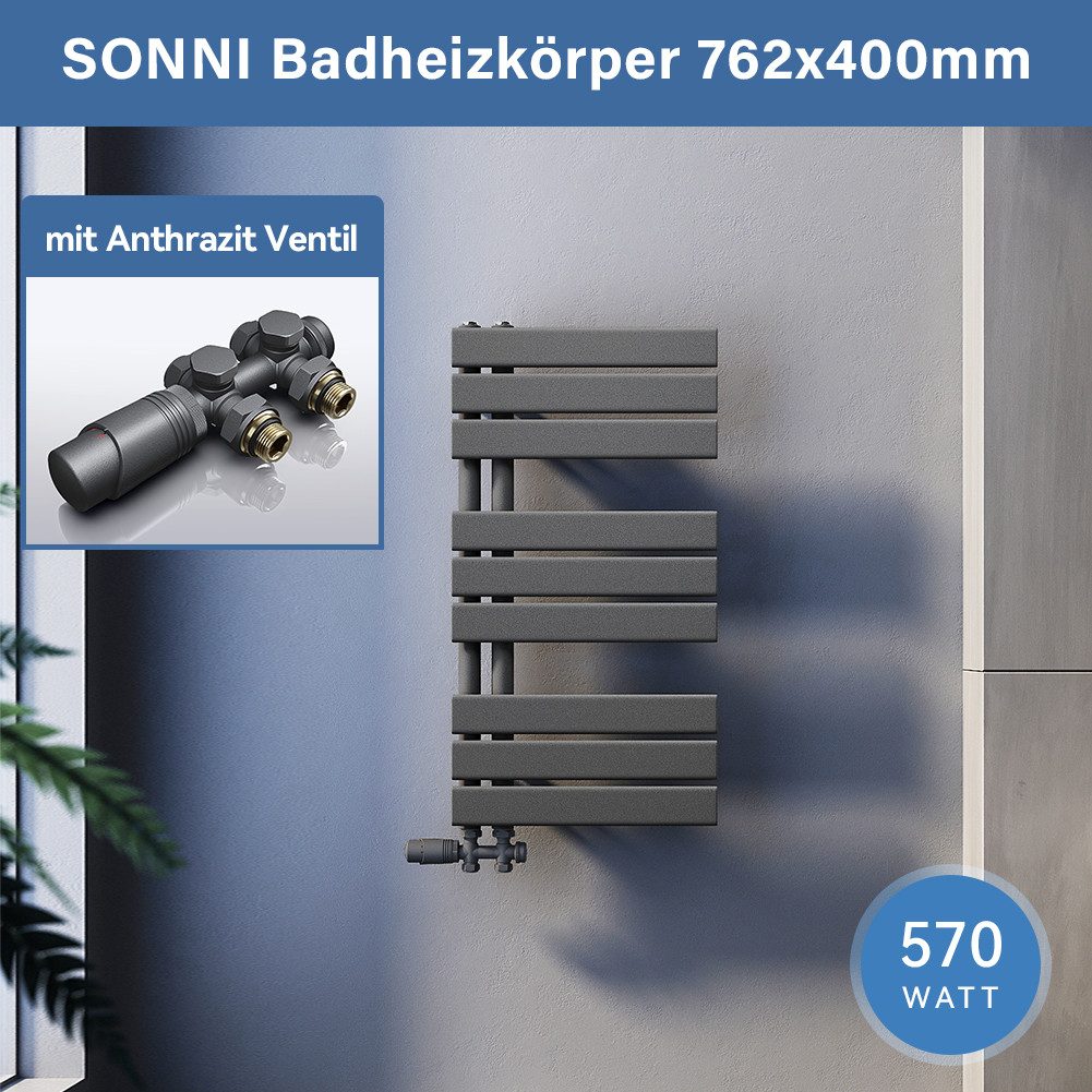SONNI Designheizkörper Design Badheizkörper Anthrazit Handtuchtrockner Flach, Paneelheizkörper Design Mittelanschluss seitlich