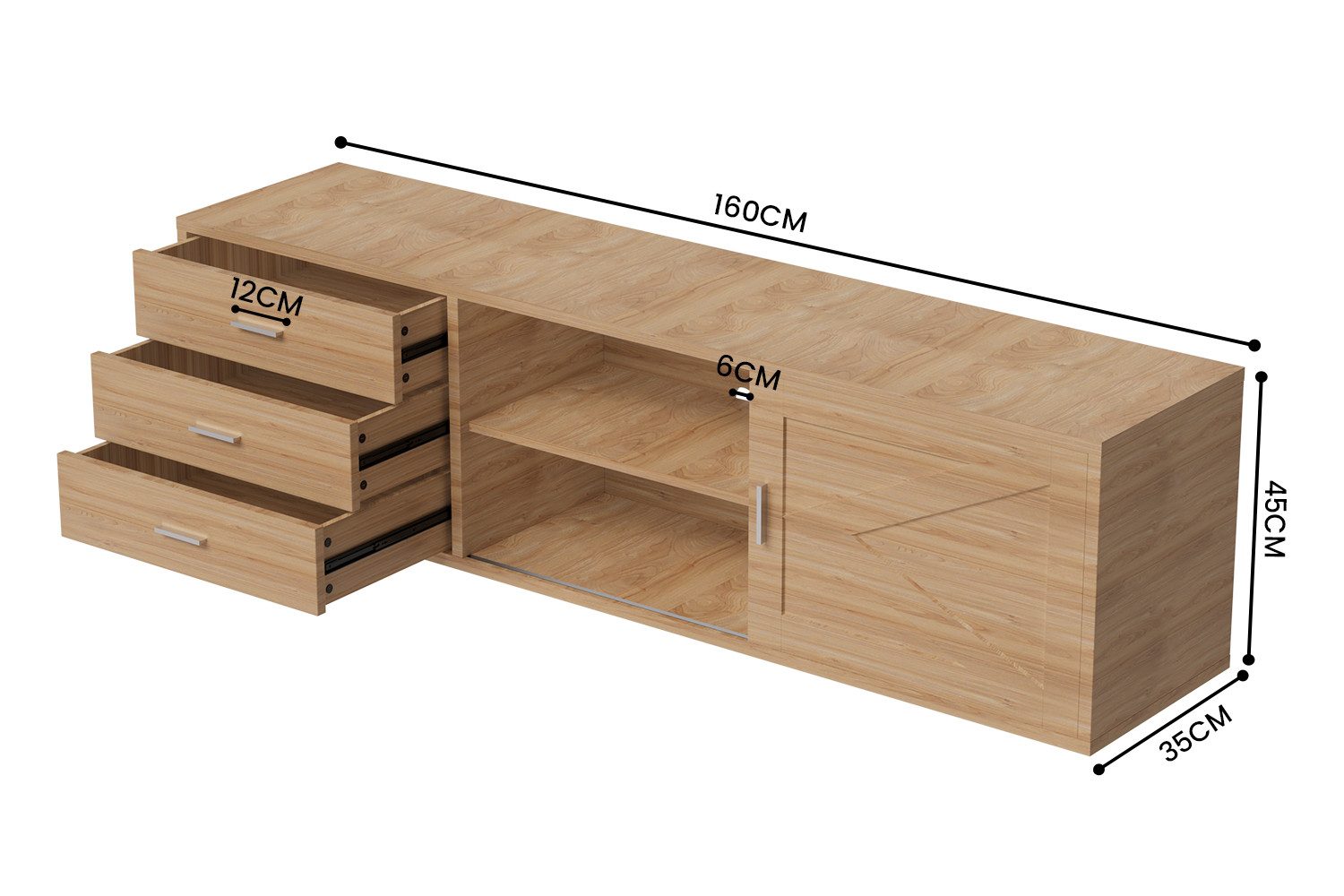 HOMAVO Lowboard TVG1 mit 3 Schubladen & Schiebetür, 160 - 180 cm (FSC®, viel Stauraum, pflegeleicht), Bodenstehendes TV-Lowboard mit Stauraum – Bild 5 von 5