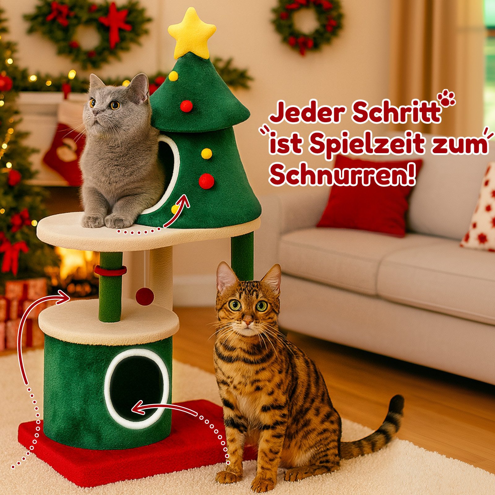 COMHOMA Kratzbaum im Weihnachtsbaum-Design 123cm, stabiler Katzenbaum Katzenturm, mit Kratzsäulen, mehrstöckiges Katzenhaus mit Plattformen & Spielball