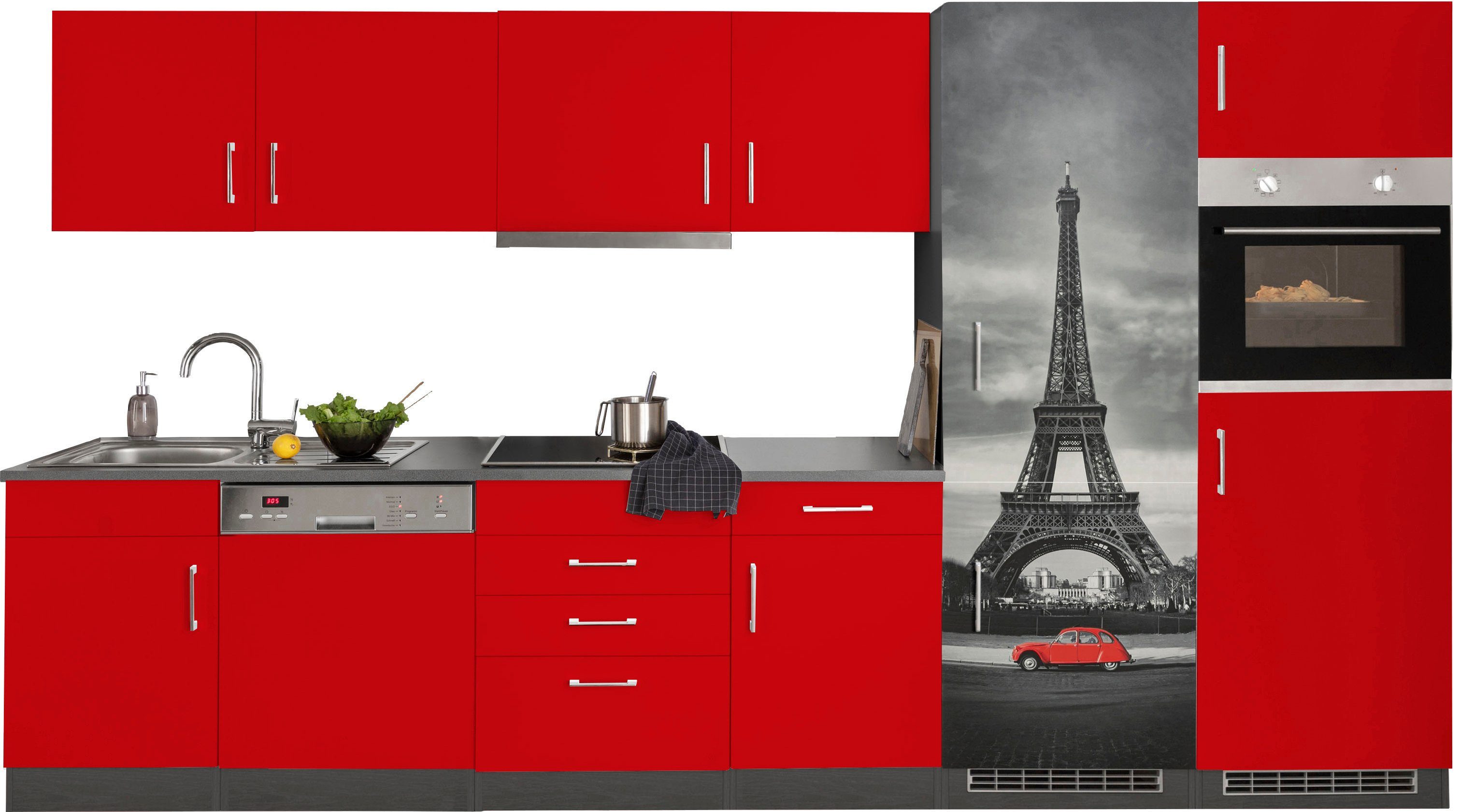 KOCHSTATION Küchenzeile KS-Paris – Küchen mit einzigartigen Fotomotiven auf den Fronten, Breite 340 cm, wahlweise mit E-Geräten und Induktion