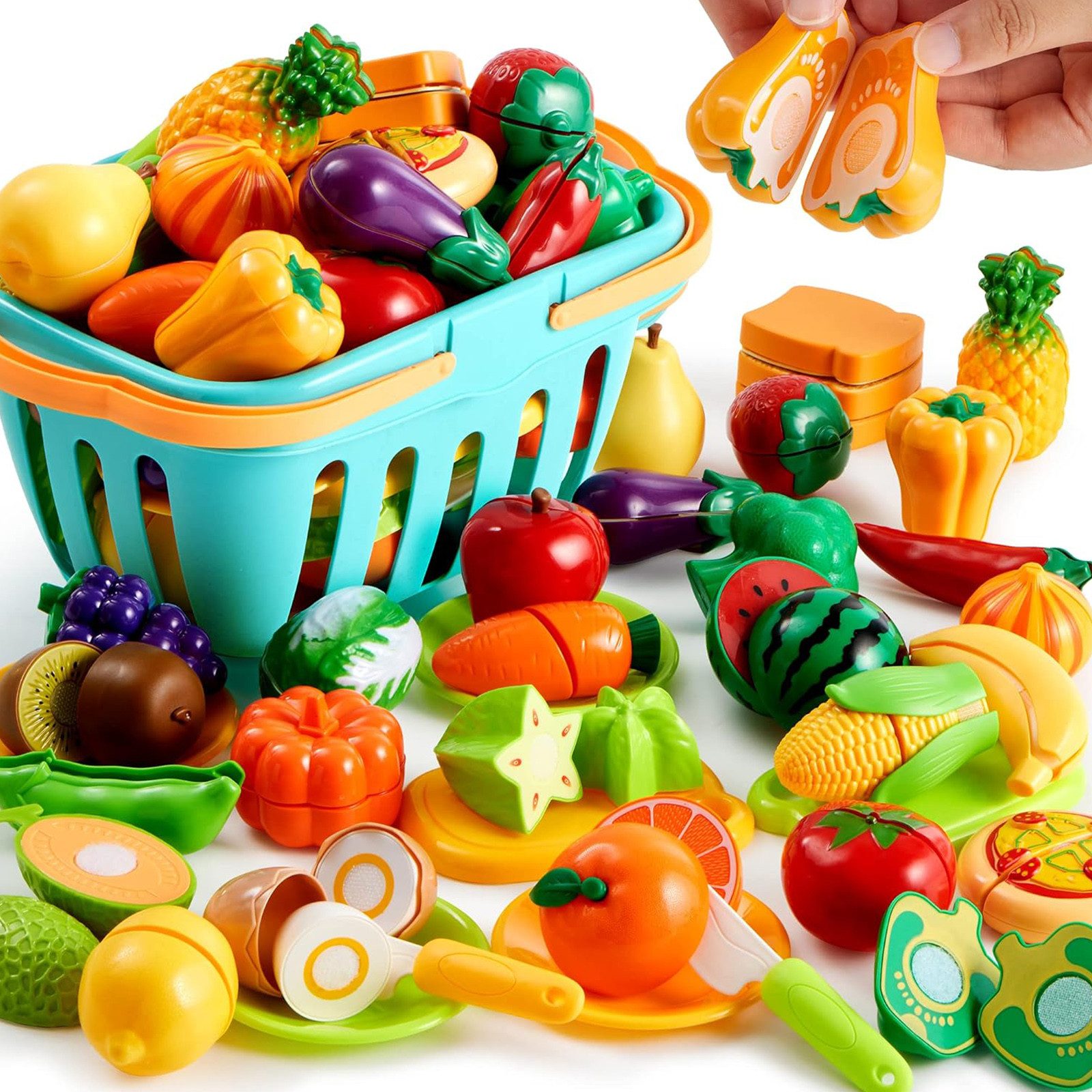 HAUSS SPOLE Spiellebensmittel mit Körb Schneidspielzeug Obst Spiellebensmittel Kinder Игрушки, (Lernspielzeug mit Obst Gemüse Pizza Küchenzubehör, 75-tlg., Rollenspiel Игрушки mit einem Игрушкиmesser und einem schönen Korb), Geschenkidee für Vorschulkinder Mädchen Junge ab 3 Jahre