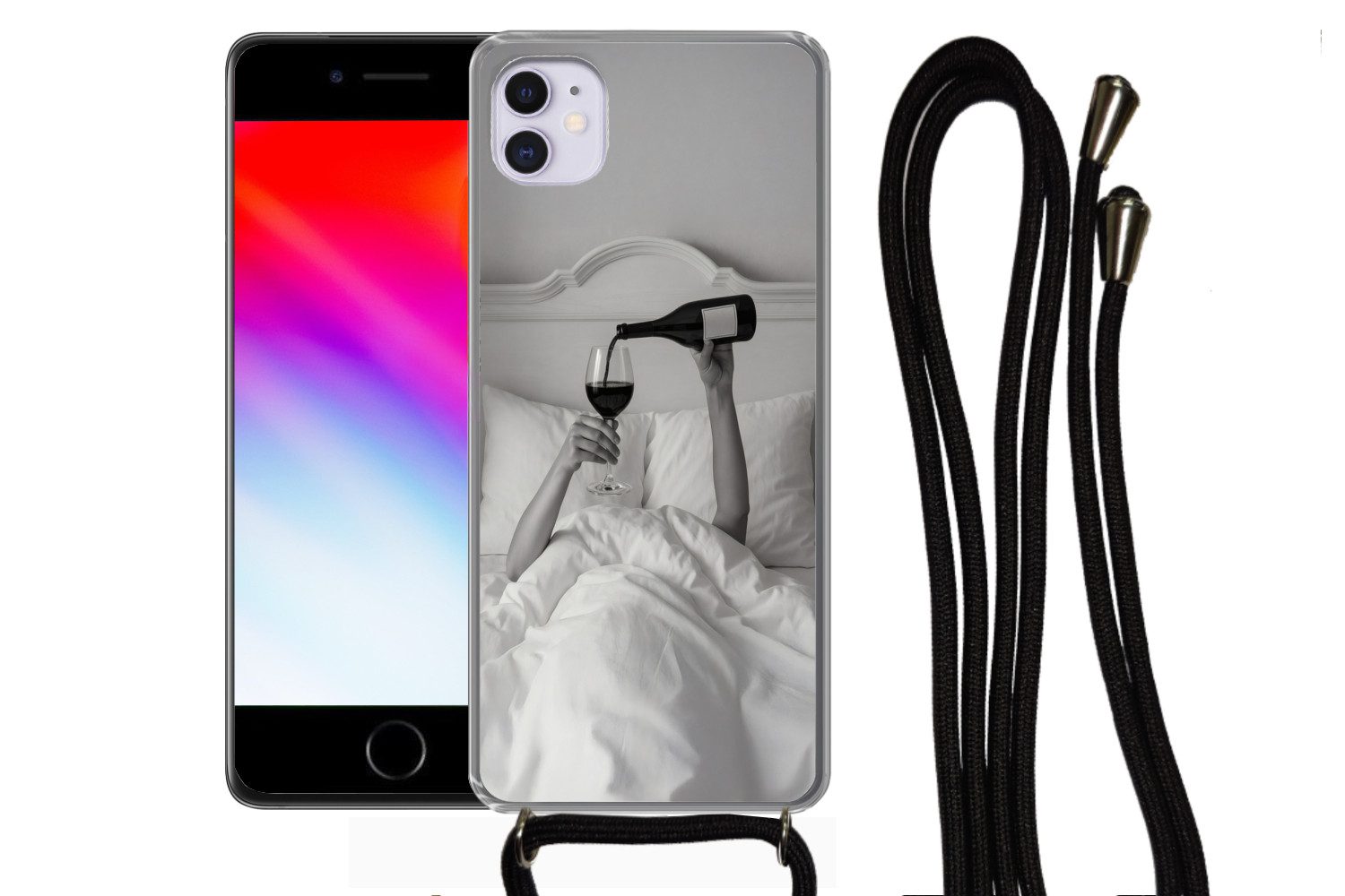 MuchoWow Handyhülle für Apple iPhone 12 Mini Laken - Arme - Wein - Glas, Tragbare Handyhüllen mit Kette zum umhängen, Handykette Handyband