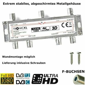 TronicXL SAT-Verteiler 6-fach Koax Antennenverteiler HD 3D 4K Verteiler Weiche Splitter TV, F-Buchsen + Koax Adapter