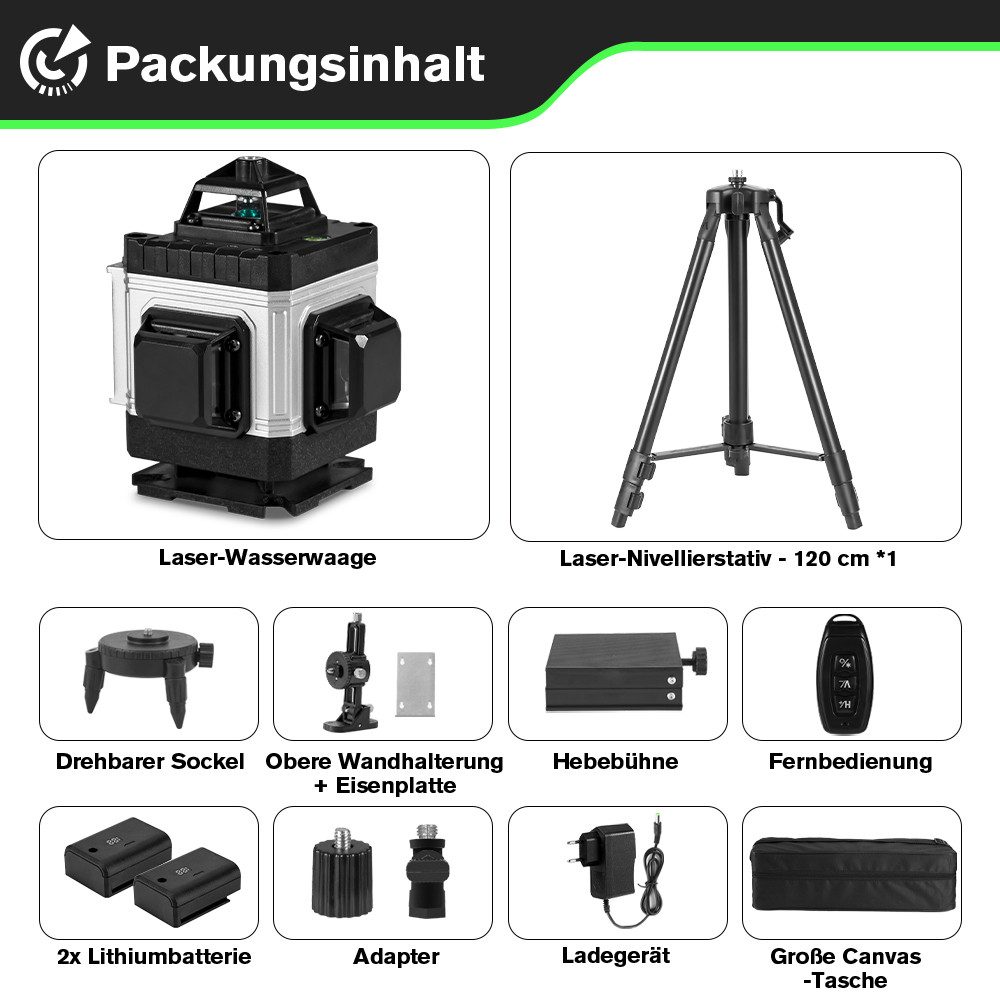 HGLINE Kreuzlinienlaser mit 1,2 m Stativ, 4D 16-Linien Selbstnivellierungslaser 4x360°, Laser Baustellen Kreuzlinienlaser Rotationslaser