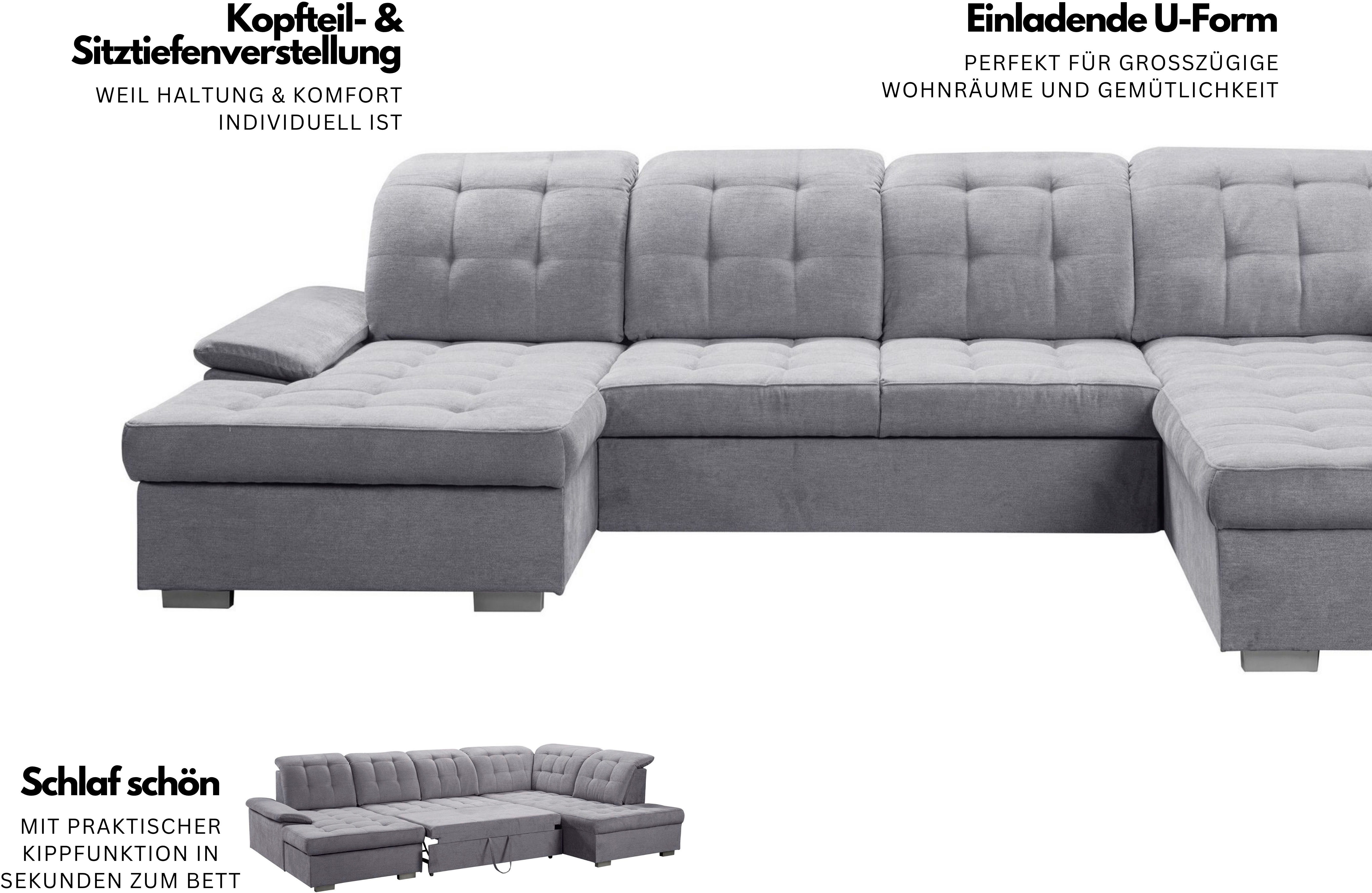 WERK2 Wohnlandschaft Kordula-New Multifunktion Couch, Breite 332cm, bequem, U-Form, Sofa in U-Form mit Schlaffunktion & Bettkasten, Schlafcouch