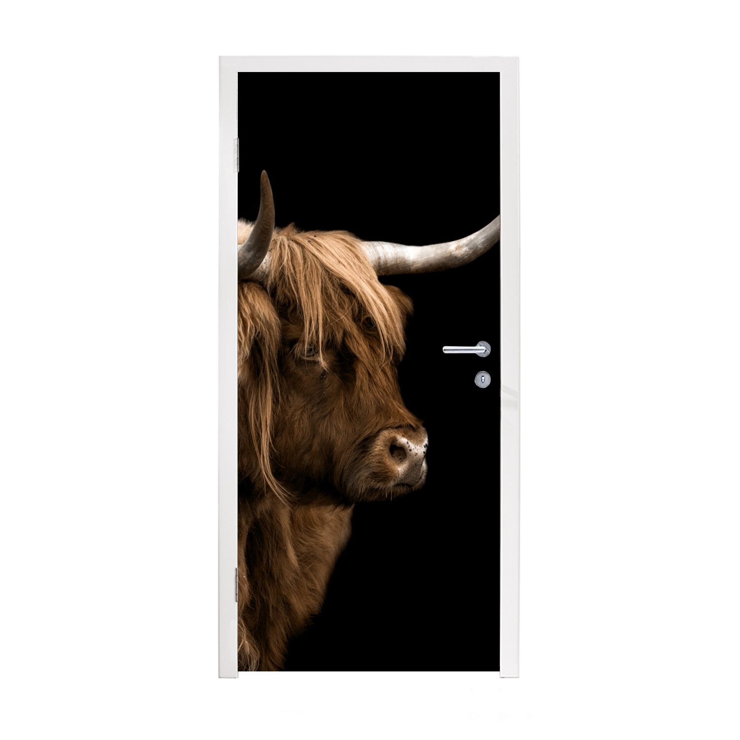 MuchoWow Türtapete Schottischer Highlander - Kuh - Schwarz, Matt, bedruckt, (1 St), Fototapete für Tür, Türaufkleber, 75x205 cm