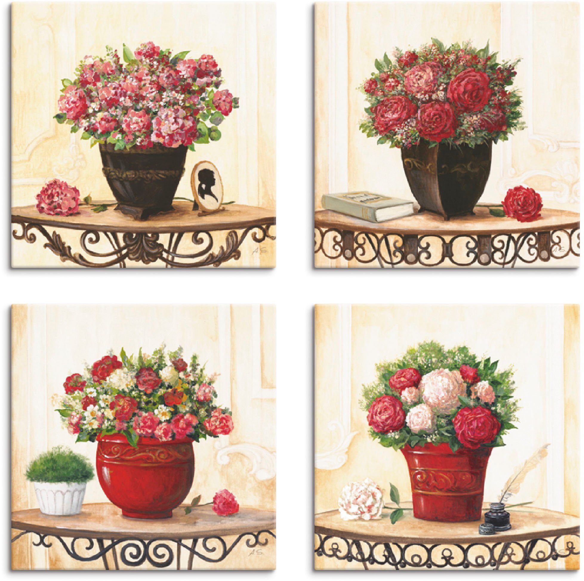 Artland Leinwandbild Hortensien Nelken Rosen Pfingstrosen, Blumen (4 St), 4er Set, verschiedene Größen