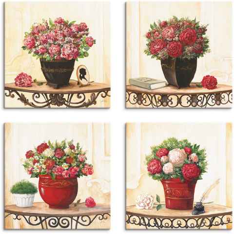 Artland Leinwandbild Hortensien Nelken Rosen Pfingstrosen, Blumen (4 St), 4er Set, verschiedene Größen