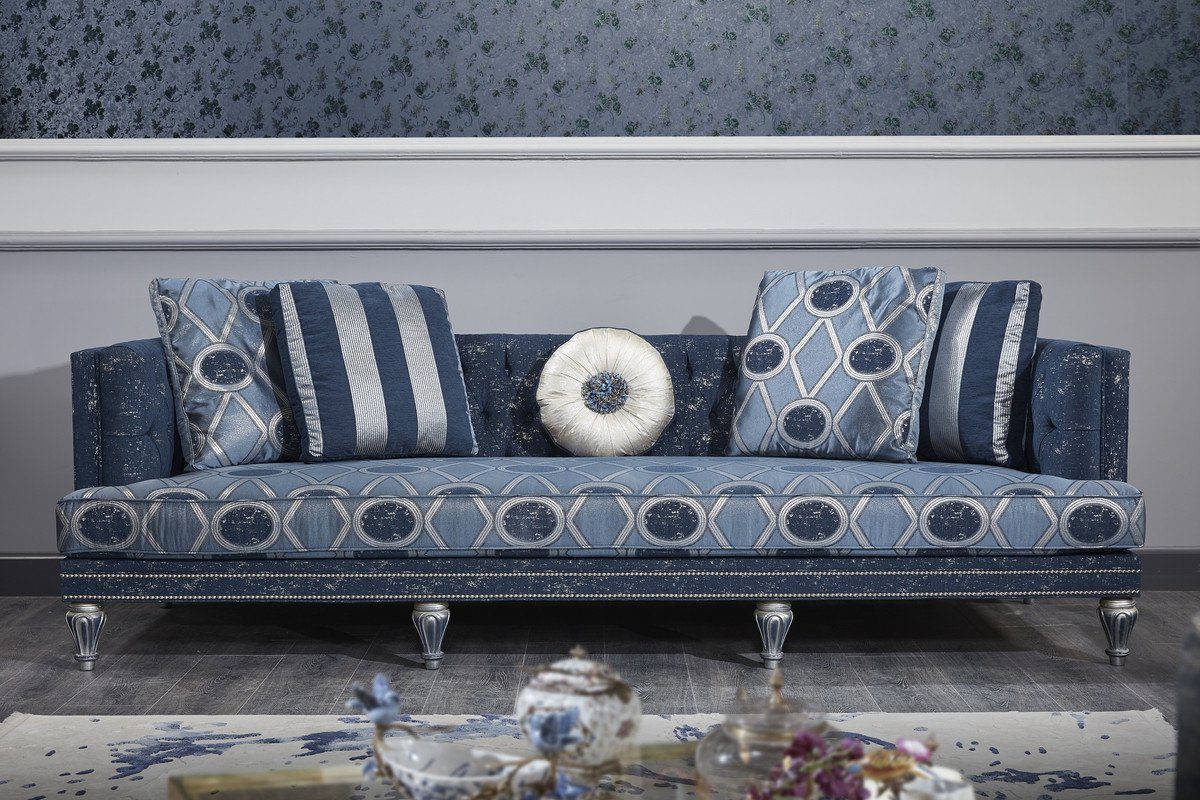 Casa Padrino Chesterfield-Sofa Luxus Barock Chesterfield Sofa Dunkelblau / Hellblau / Silber 250 x 92 x H. 85 cm - Barock Wohnzimmermöbel