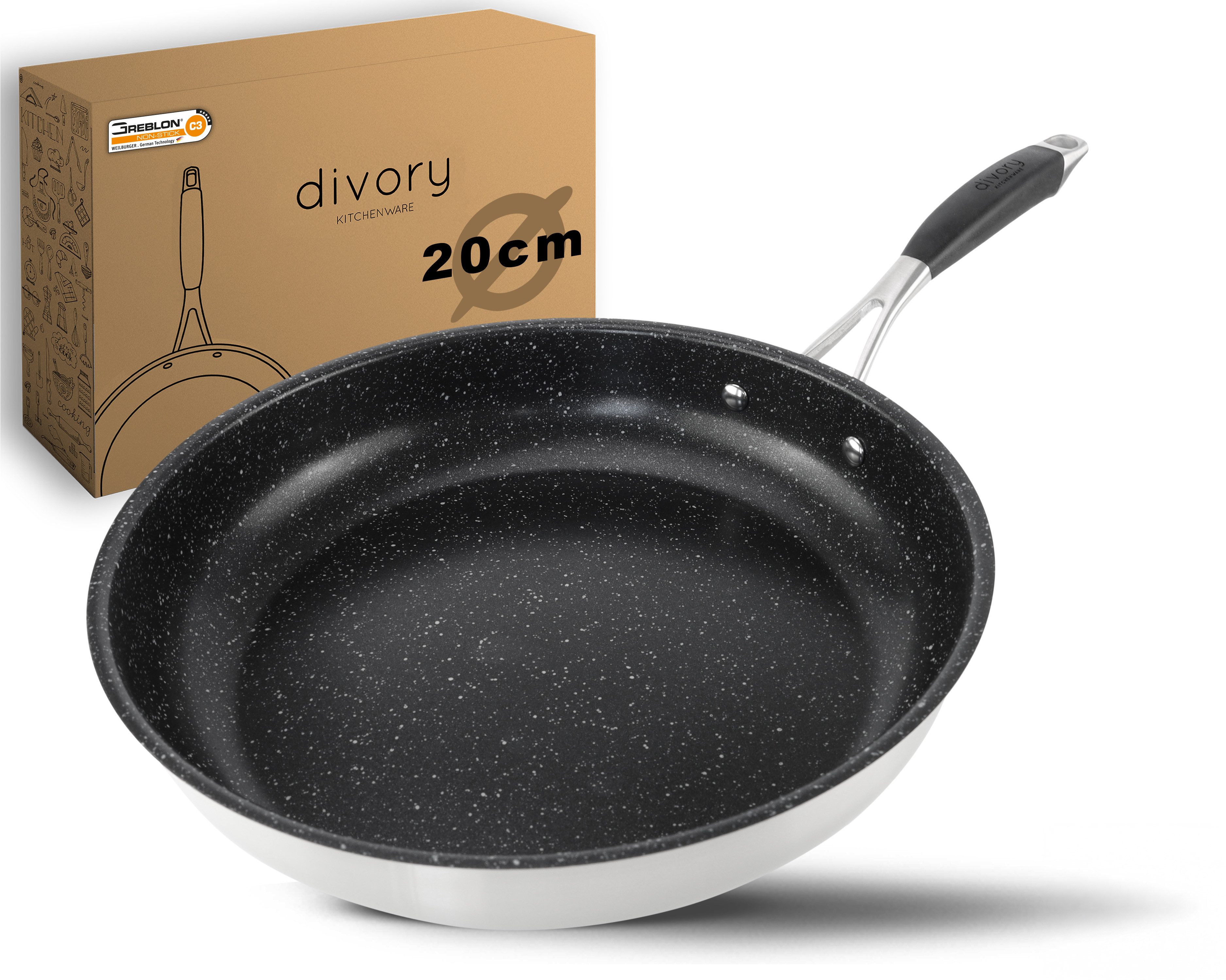divory Bratpfanne Edelstahlpfanne beschichtet, Induktionsgeeignet, für alle Herdarten, Edelstahl, Induktion