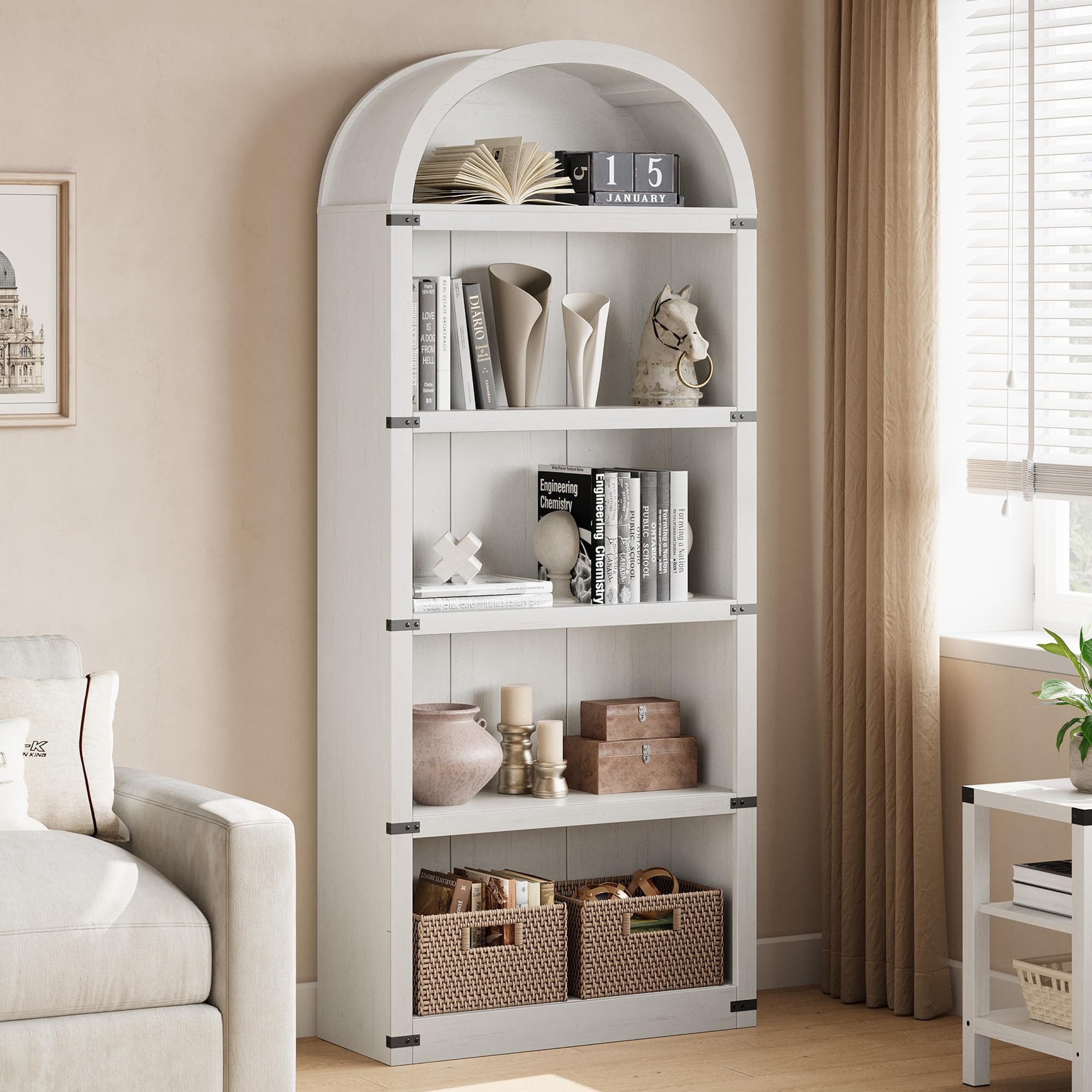 GarveeMore Bücherregal 5Regalböden Gewölbtes Bücherregal 180CM Holz AnzeigeAusstellungsregal, Bücherregal Holzregale für Home Office, Wohnzimmer