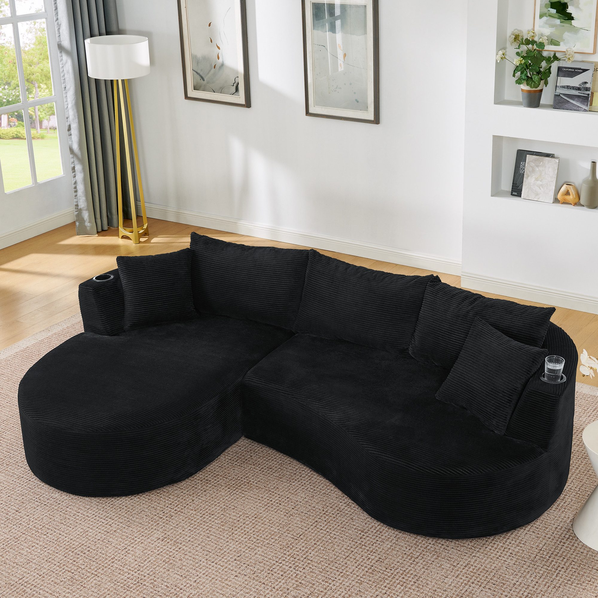 HAUSS SPOLE Ecksofa mit Getränkehalter,Sitzgruppe mit Linke Chaiselongue Kissen,Schwarz, Cordstoff mit Bogenförmiges Design & Vielseitige Nutzung, Vakuumverpackt & Einfache Montage