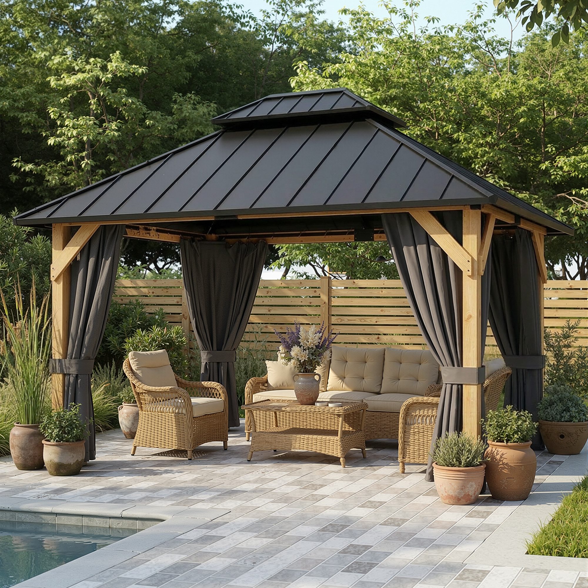 HOMALL Pavillon Wetterfester Cedernholz Gartenpavillon mit verzinktem Stahldach, mit 4 Seitenteilen, Abnehmbare Vorhänge + Moskitonetze, integrierter Deckenhaken