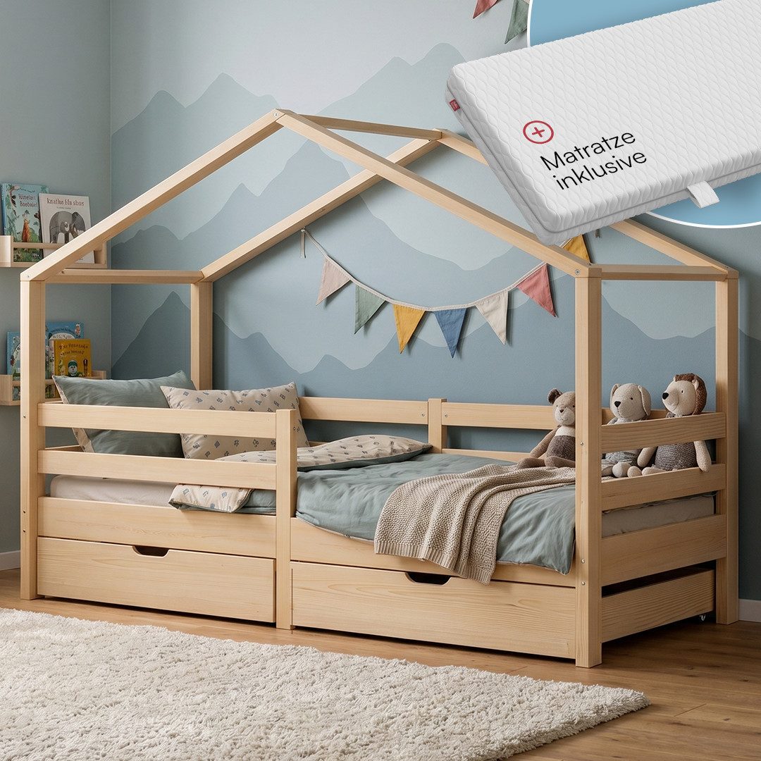 Bellabino Hausbett Abia Kinderbett mit Lattenrost und Rausfallschutz (natur, mit Matratze und zwei Schubladen), Kinderbett 90x200 cm, verfügbar in verschiedenen Ausführungen