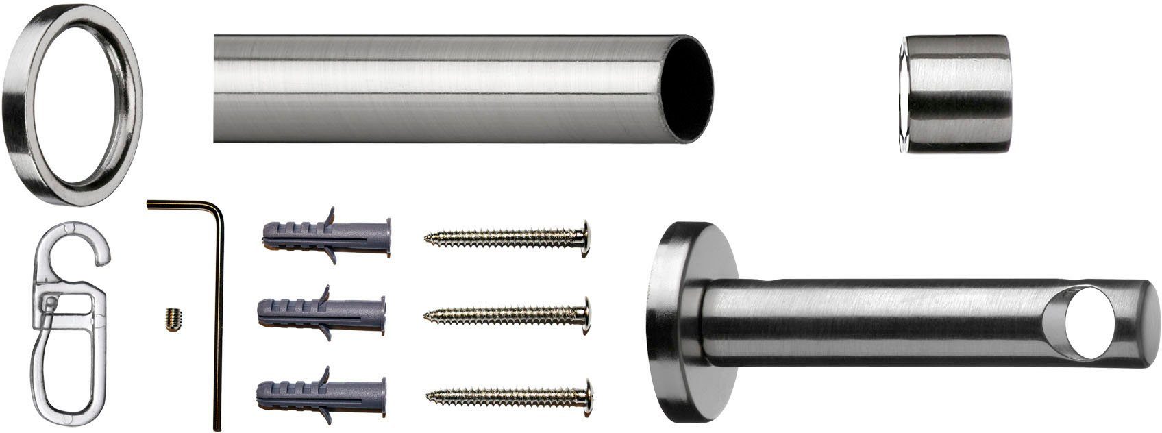 verschraubt, Ringen mm, und Ø Komplett-Set indeko, Gardinenstange edelstahlfarben/silberfarben inkl. 1-läufig, Montagematerial Andrax, 12 Fixmaß, Stahl,