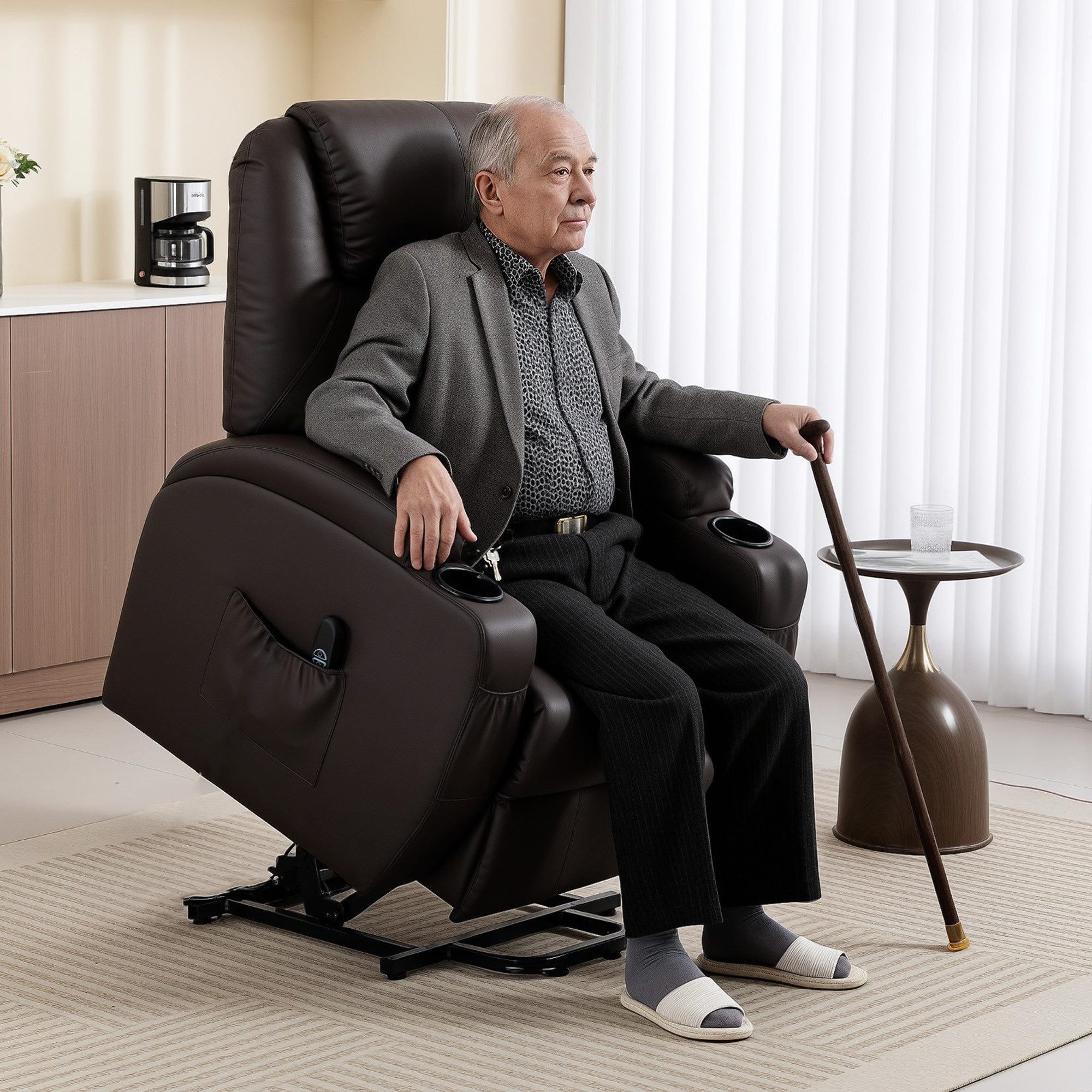 HOMCOM Relaxsessel Sessel mit Aufstehhilfe, Aufstehsessel mit Getränkehalter (Fernsehsessel, 1-St., Gepolstert TV-Sessel), mit Aufsteh-Funktion, Kaffee-Braun