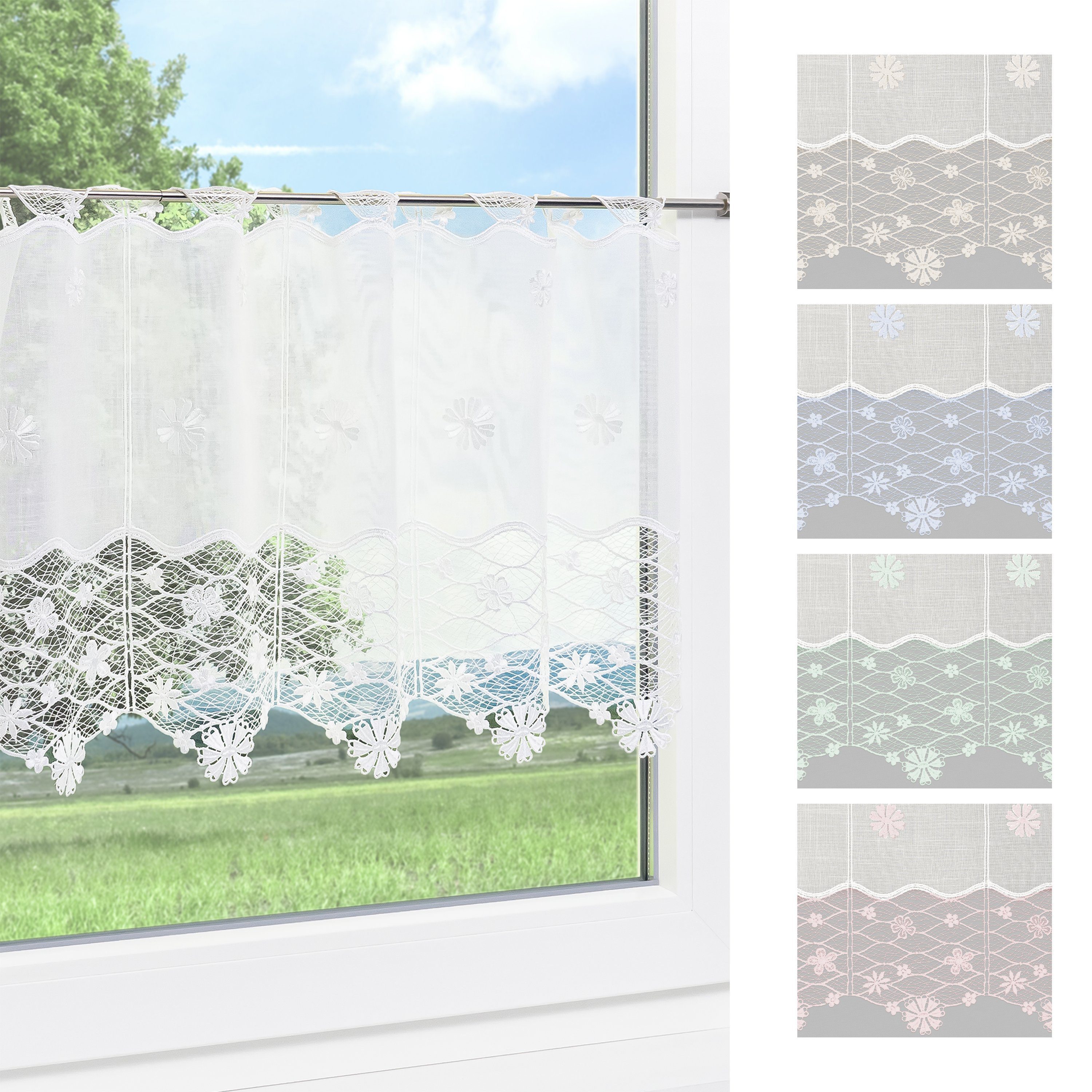 Plauener Spitze Scheibengardine Blumenspitze #1W – 73,5x32 Cm, 100% Polyester, Transparent, Für Stangen, Waschbar Bei 40°C