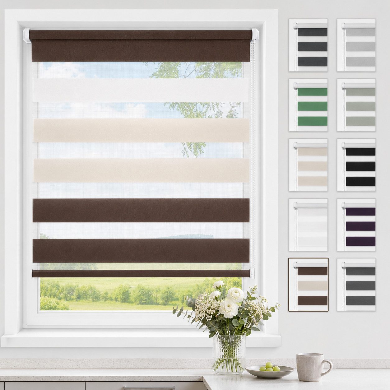 Doppelrollo ohne Bohren 130cm/150cm/230cm, OUBO, freihängend, verspannt, Klemmfix, Klemmträger, Für Fenster und Tür mit Klemmträger lichtdurchlässig verdunkelnd