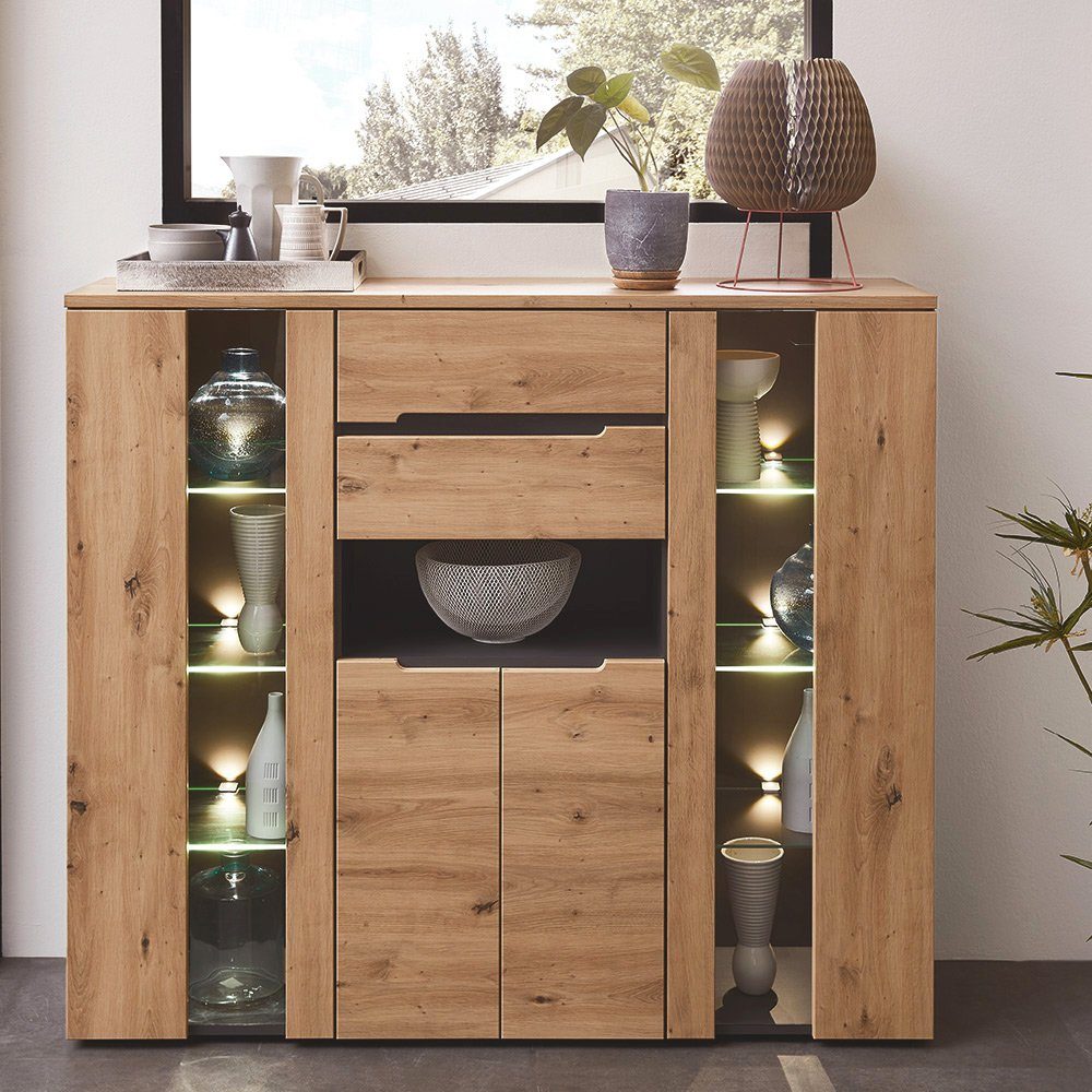 Lomadox Highboard MANRESA-36, inkl. LED-Beleuchtung in Artisan Eiche Nb. mit Graphit : 145/127/38 cm