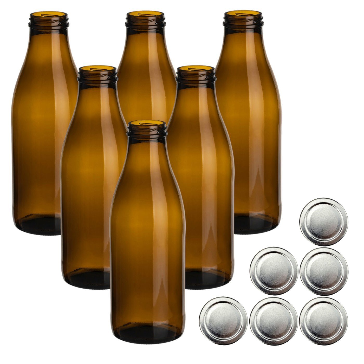gouveo Trinkflasche Saftflaschen 1000 ml mit Schraub-Deckel - Große Flasche 1,0 l aus Glas, 6er Set, braun/silberfarben