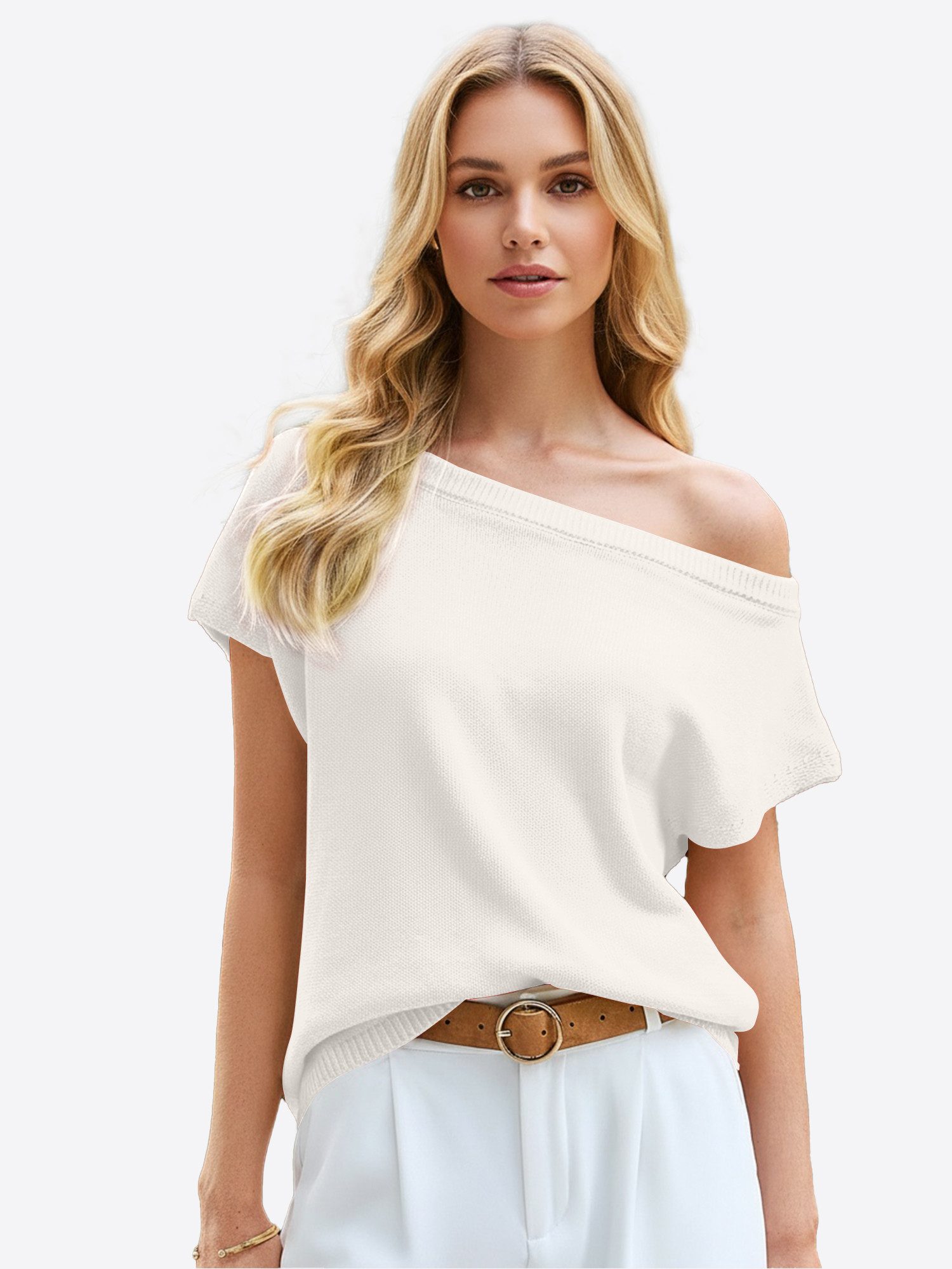Imily Bela Stricktop Damen One-Shoulder Schulterfrei Kurzarm Rundhals Lässig Oberteil (Packung, 1-tlg., 1per-Pack) gehäkelt in Unifarbe