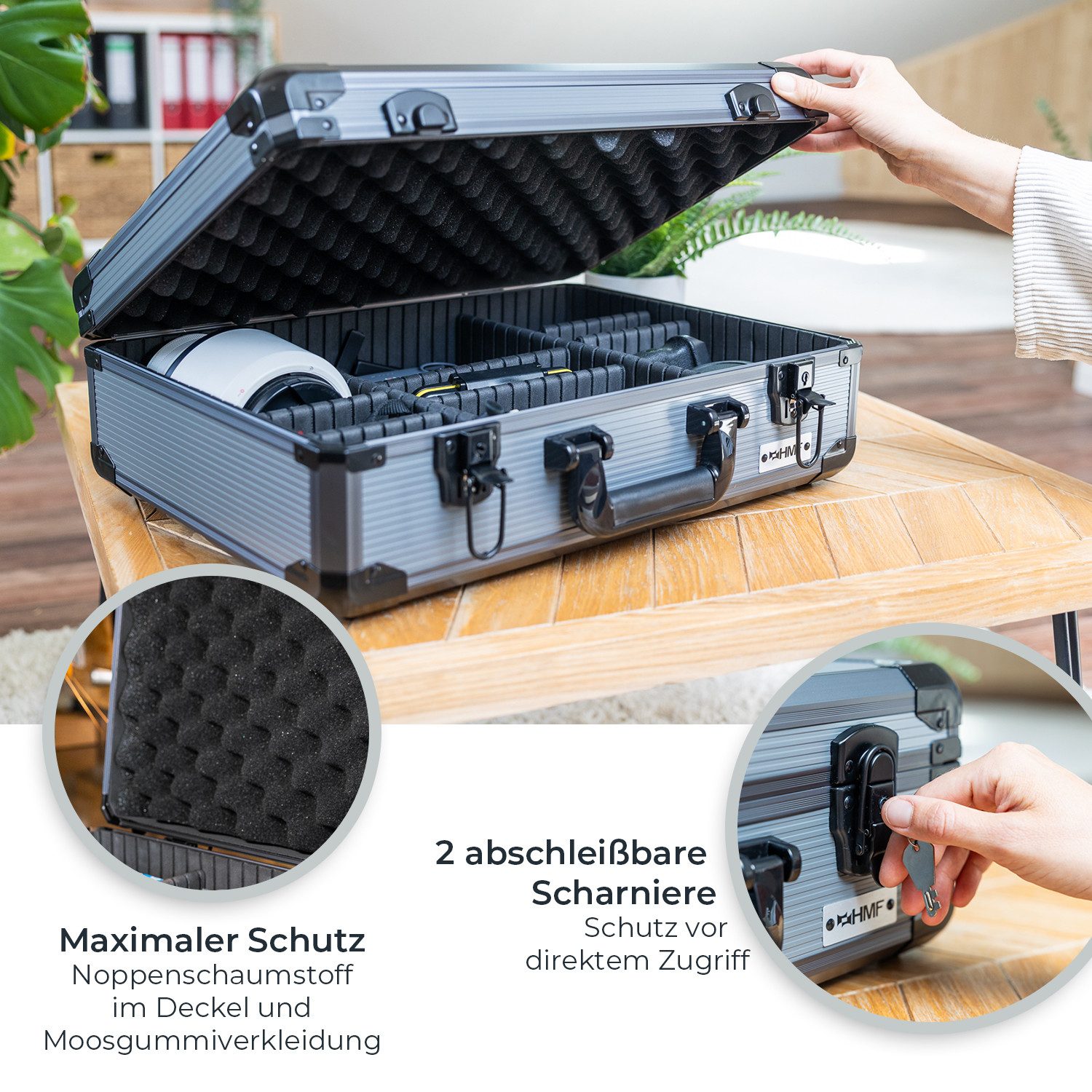 HMF Werkzeugkoffer Alu Transportkoffer, Metallkoffer, mit individueller Facheinteilung, 46x15x33 cm, schwarz – Bild 4 von 5