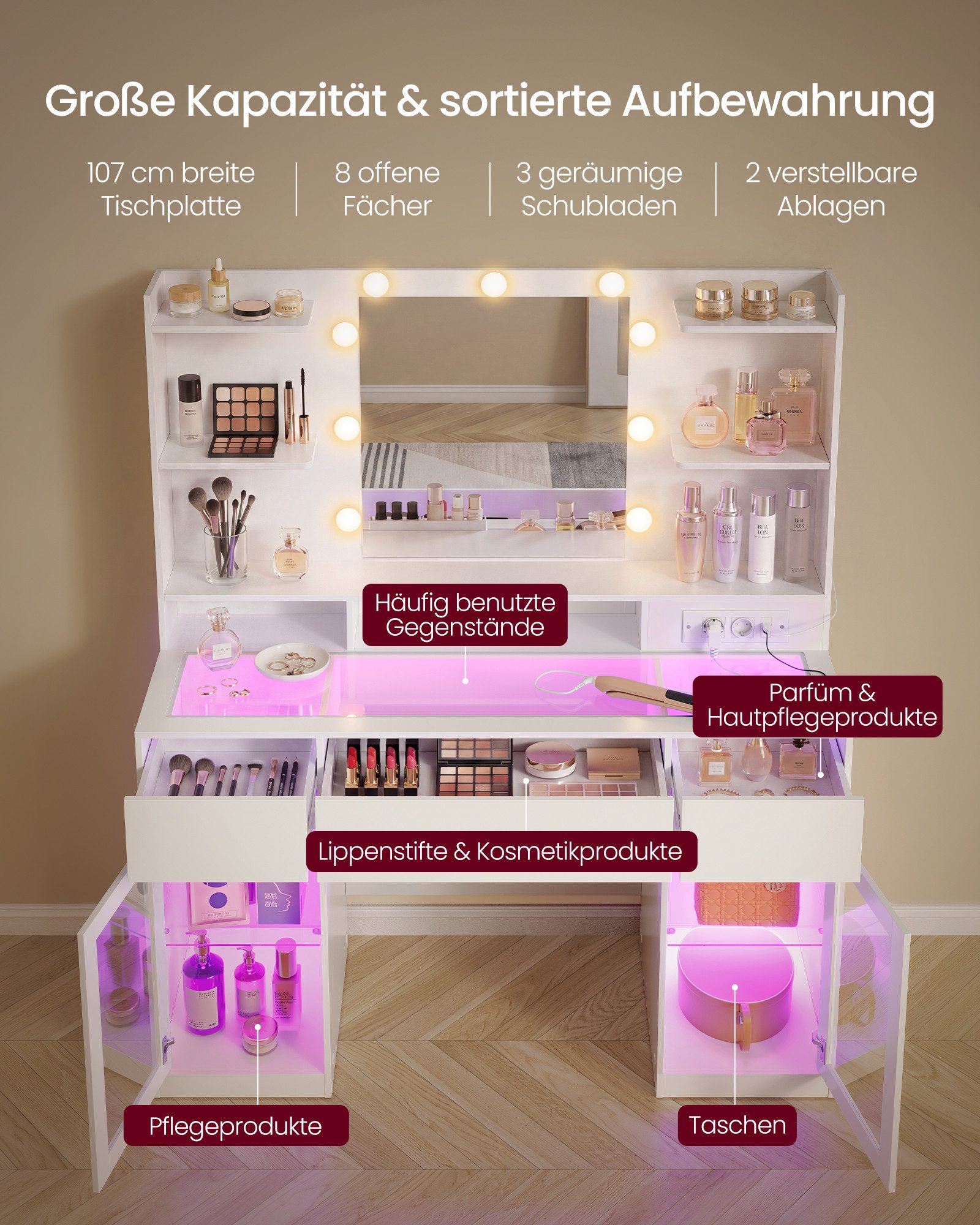 VASAGLE Schminktisch mit Spiegel, RGB-Beleuchtung und Steckdose, 107 x 40 x 144,5 cm (1 Tisch), Holzspanplatte und Glas, mit 2 Schränken, Weiß, für Schlafzimmer