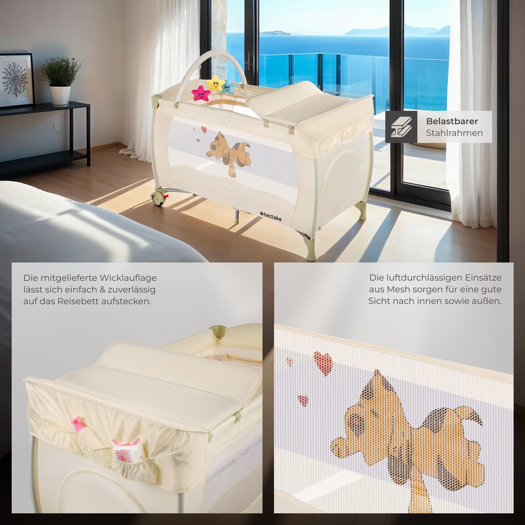 tectake Baby-Reisebett Kinderbett mit Wickelauflage und Transporttasche 132x75x104cm, mit großen Mesh-Einsätzen, Wickelauflage und Seiteneingang in beige – Bild 4 von 5