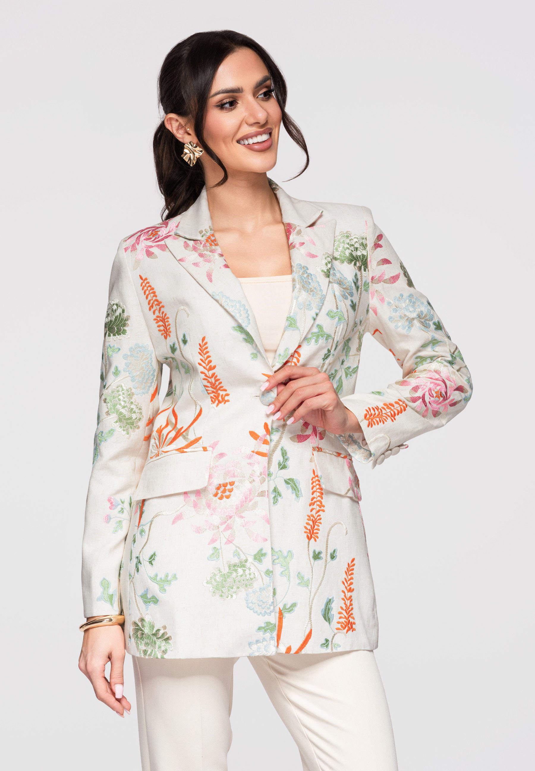 OMBRE Longblazer Damenblazer mit floraler Stickerei – Statement Tailoring