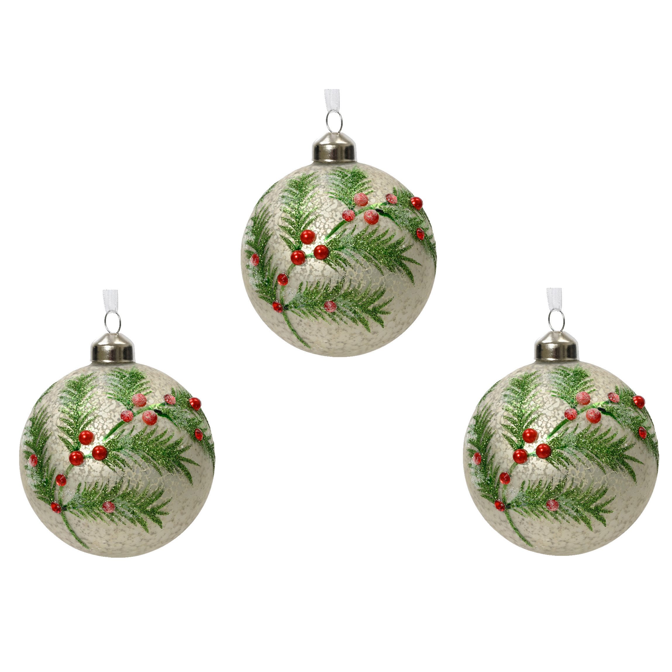 Decoris season decorations Weihnachtsbaumkugel, Weihnachtskugeln Glas 8cm mit Motiv zweig und Beeren - Silber / Matt