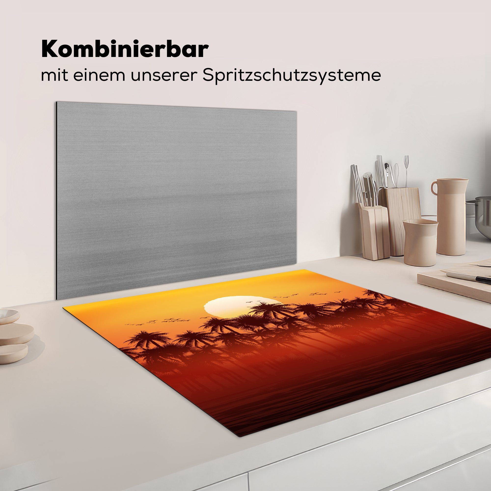 küche (1 Herdblende-/Abdeckplatte 78x78 für Vogel, Palme tlg), Sonne Arbeitsplatte Ceranfeldabdeckung, cm, - - Vinyl, MuchoWow