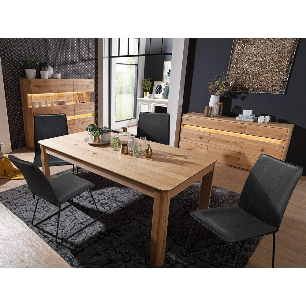 Lomadox Esszimmer-Set WELLAND-69, (Spar-Set, 3-St., Esstisch Highboard Sideboard), in Eiche massiv geölt inkl. Beleuchtung, Esstisch 180x100 cm, montiert