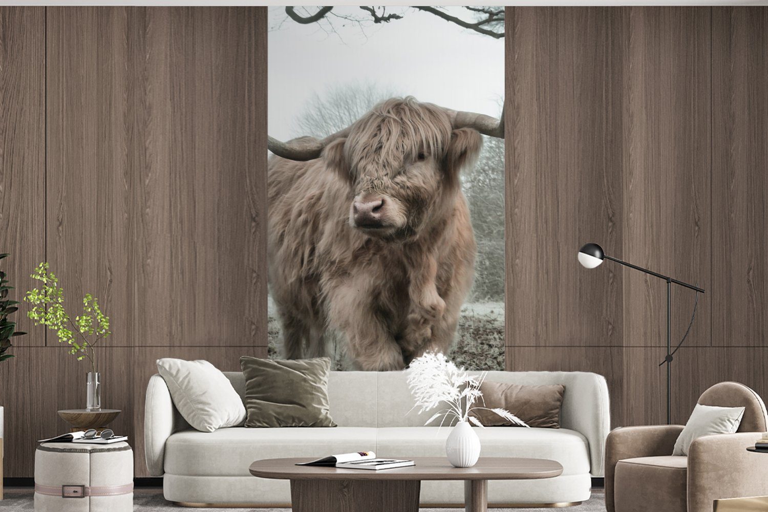 Highlander für - Fototapete Natur MuchoWow St), (2 Wildtiere bedruckt, Schottische Tiere Küche, - Vliestapete Herbst - Wald, Wohnzimmer Fototapete - Matt, - Schlafzimmer