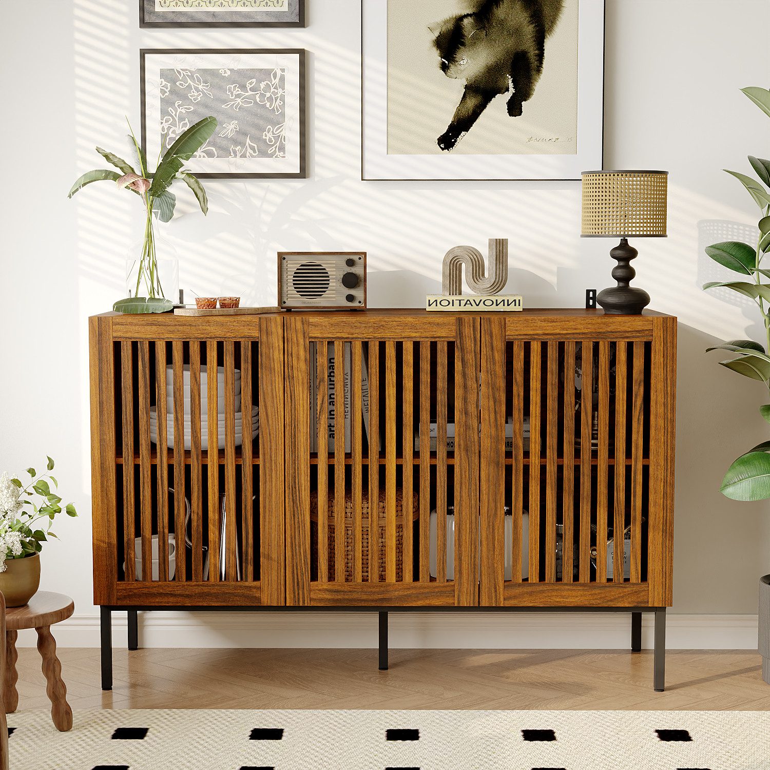 FUFU&GAGA Sideboard mit 3 Türen, Walnussfarbenes Sideboard mit Gittermuster günstig online kaufen