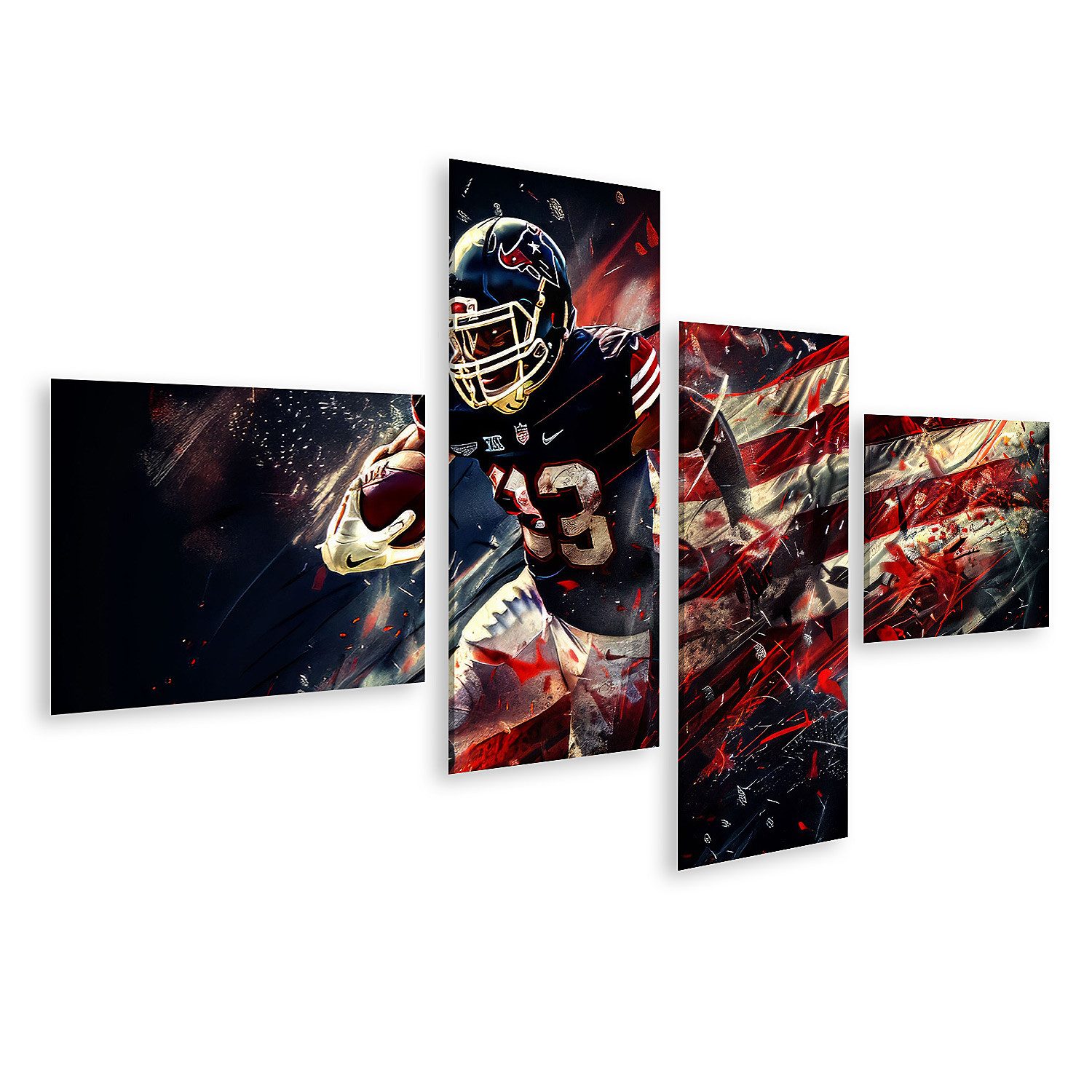 islandburner Leinwandbild, Dynamischer Footballspieler mit amerikanischer Flagge