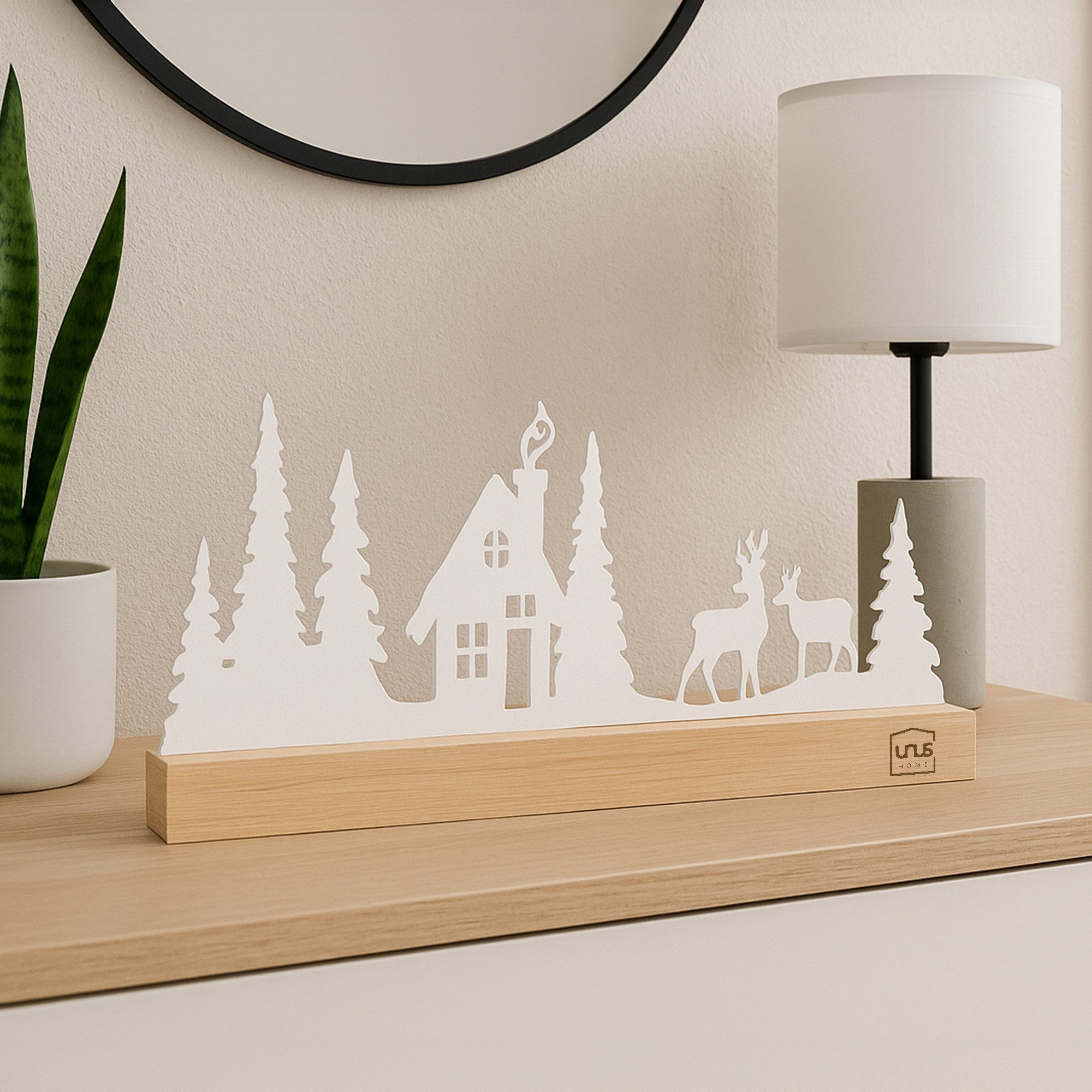 UNUS HOME Dekofigur Aufsteller Haus im Wald mit Rehen (UNUS Aufsteller Wald günstig online kaufen