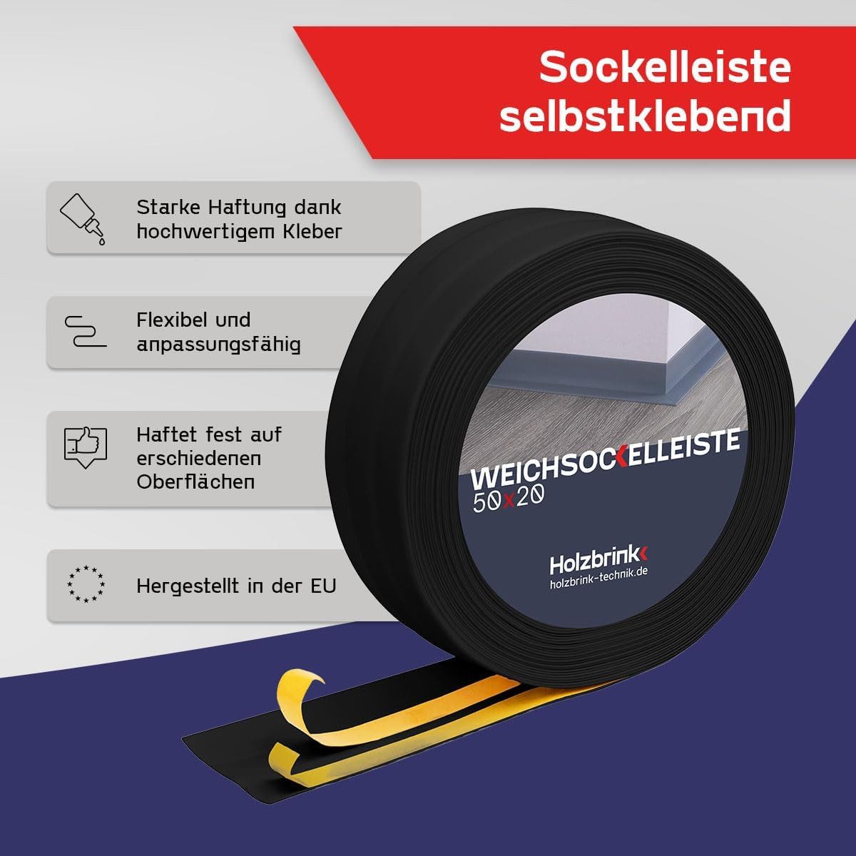 HOLZBRINK Sockelleiste HOLZBRINK selbstklebend PVC 50x20mm, 1 m, L: 100 cm, 1m Rolle, Küchenleiste Abschlussleiste für Badezimmer Farbe: Schwarz – Bild 3 von 5