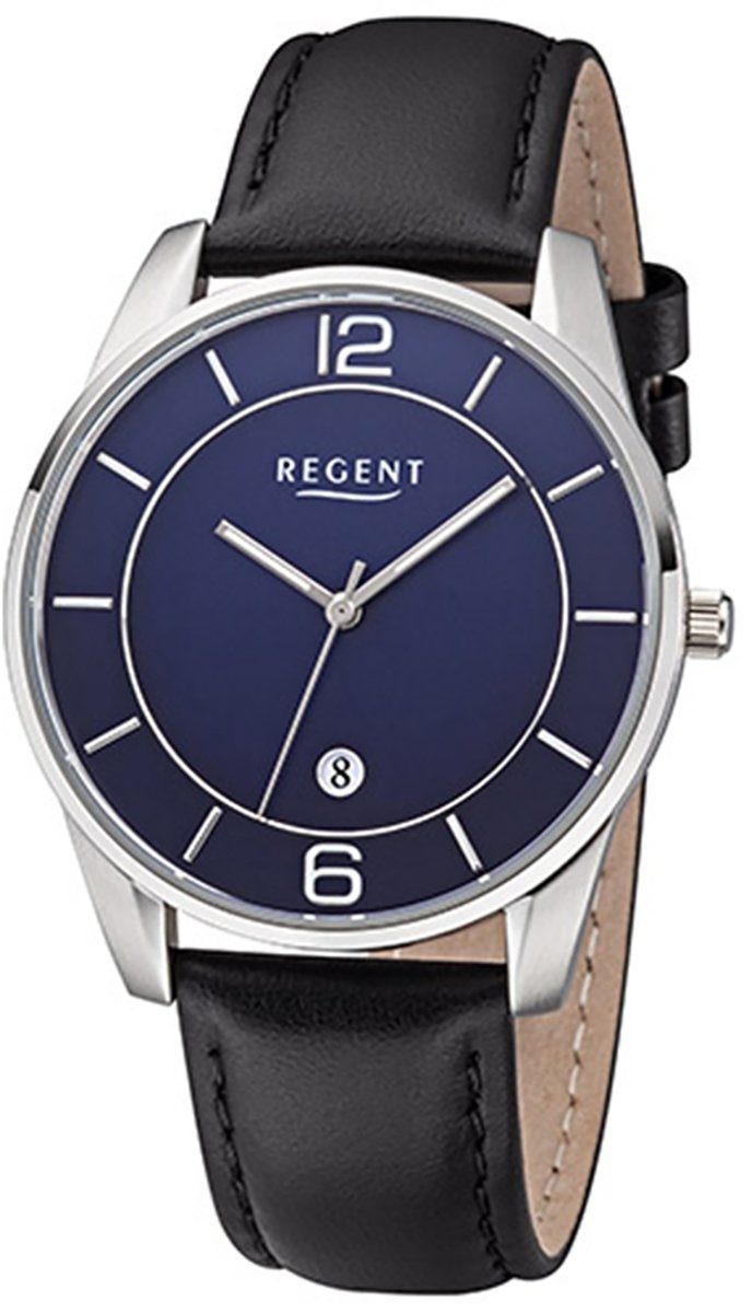 Regent Quarzuhr Regent Lederarmband Uhr F-1235 40mm), Leder Quarz, rund, Herren groß (ca. Armbanduhr Herren