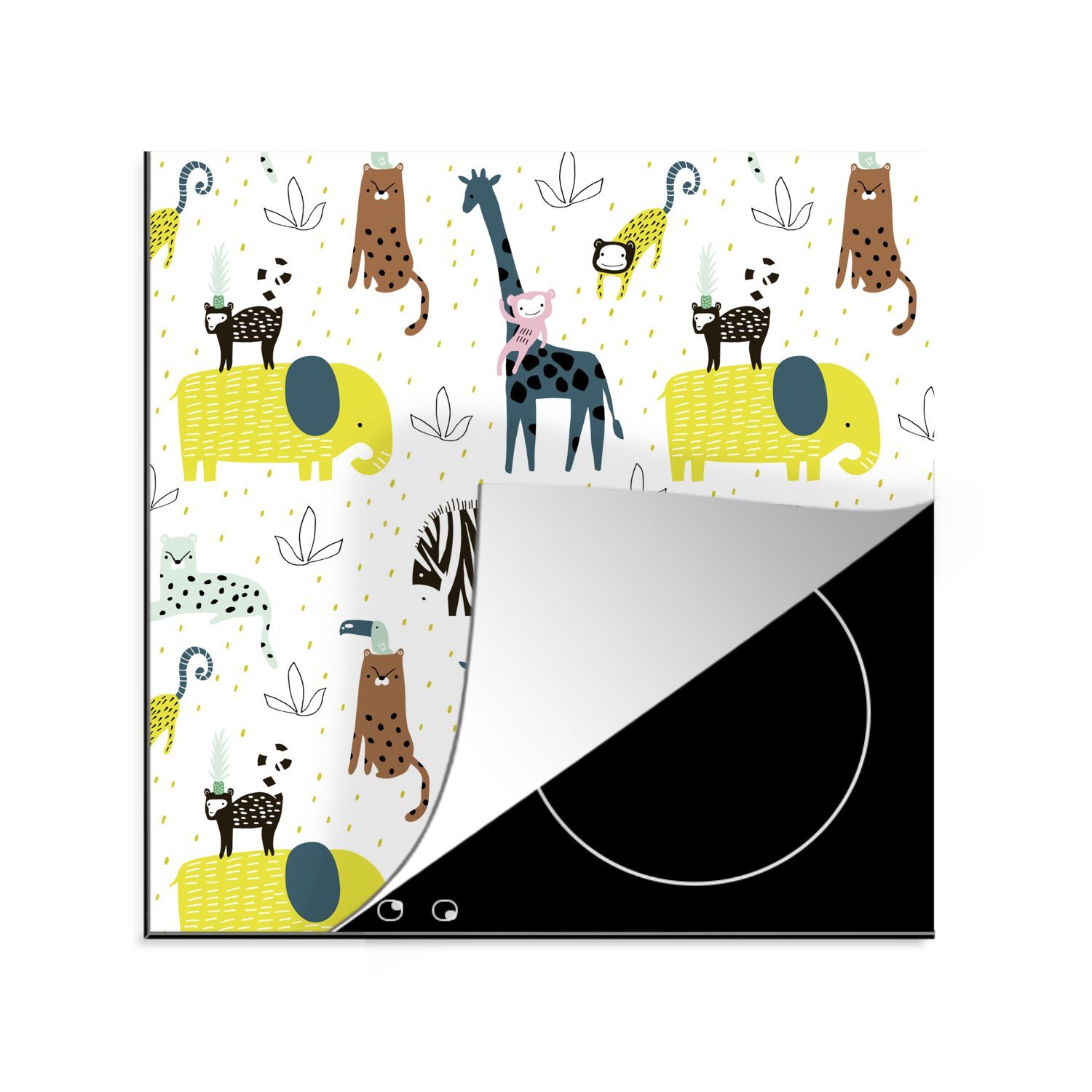 MuchoWow Herdblende-/Abdeckplatte Dschungel - Giraffe - Affe, Vinyl, (1 tlg), 78x78 cm, Ceranfeldabdeckung, Arbeitsplatte für küche